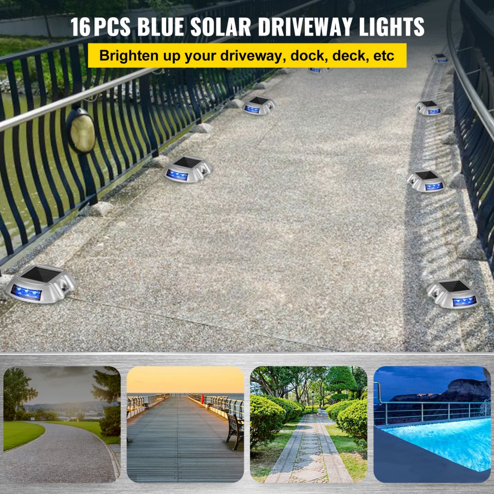 Luces solares para entradas de vehículos VEVOR, paquete de 16 unidades, con interruptor, para señalización de caminos, jardines, aceras y escalones. Carcasa de aluminio fundido, LED brillantes e impermeables, carga solar, color azul.
