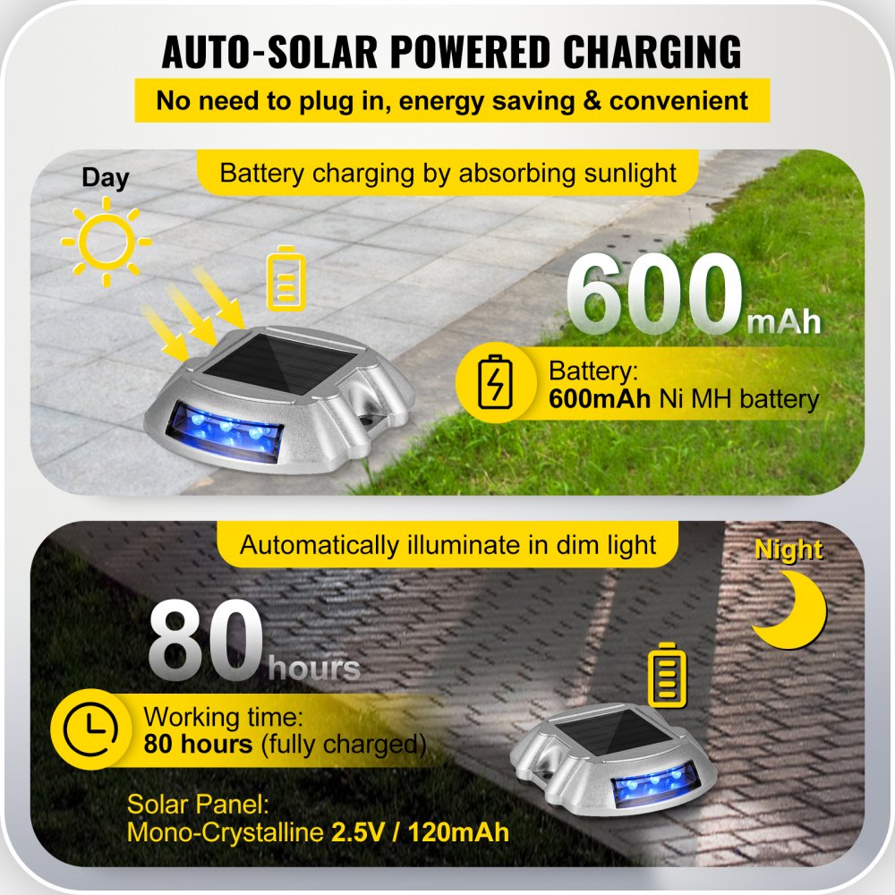 Luces solares para entradas de vehículos VEVOR, paquete de 16 unidades, con interruptor, para señalización de caminos, jardines, aceras y escalones. Carcasa de aluminio fundido, LED brillantes e impermeables, carga solar, color azul.
