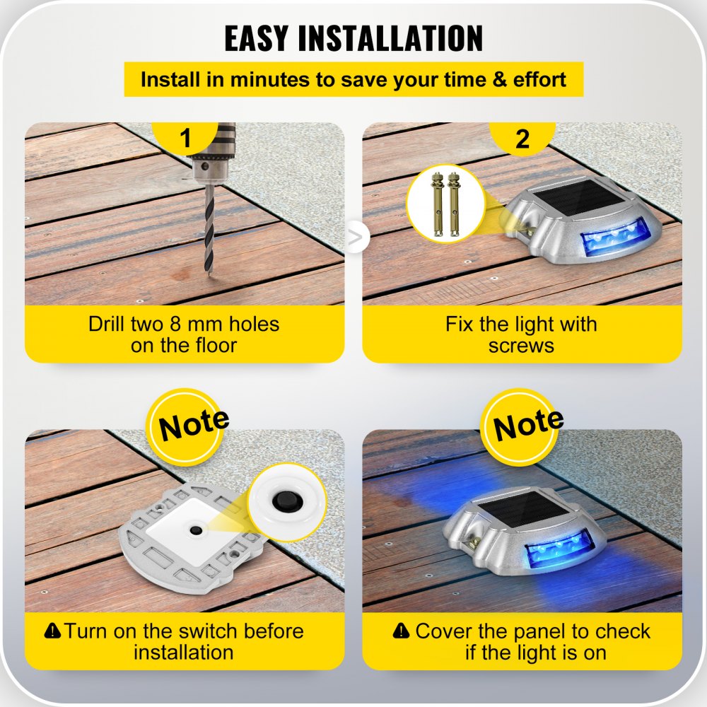 Luces solares para entradas de vehículos VEVOR, paquete de 16 unidades, con interruptor, para señalización de caminos, jardines, aceras y escalones. Carcasa de aluminio fundido, LED brillantes e impermeables, carga solar, color azul.
