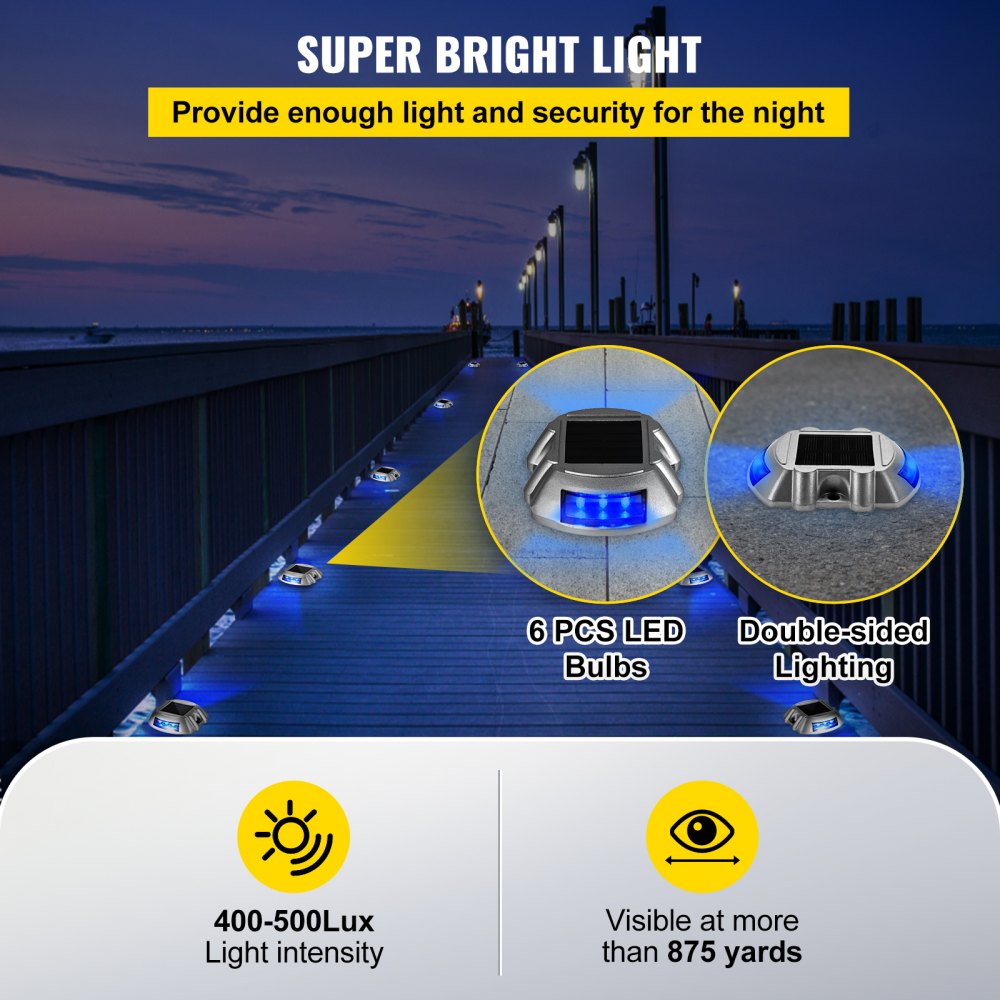 Luces de entrada solares VEVOR en un muelle con bombillas LED súper brillantes para seguridad nocturna.