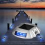 Luces de entrada solares VEVOR que iluminan un muelle al atardecer con LED azules vibrantes.