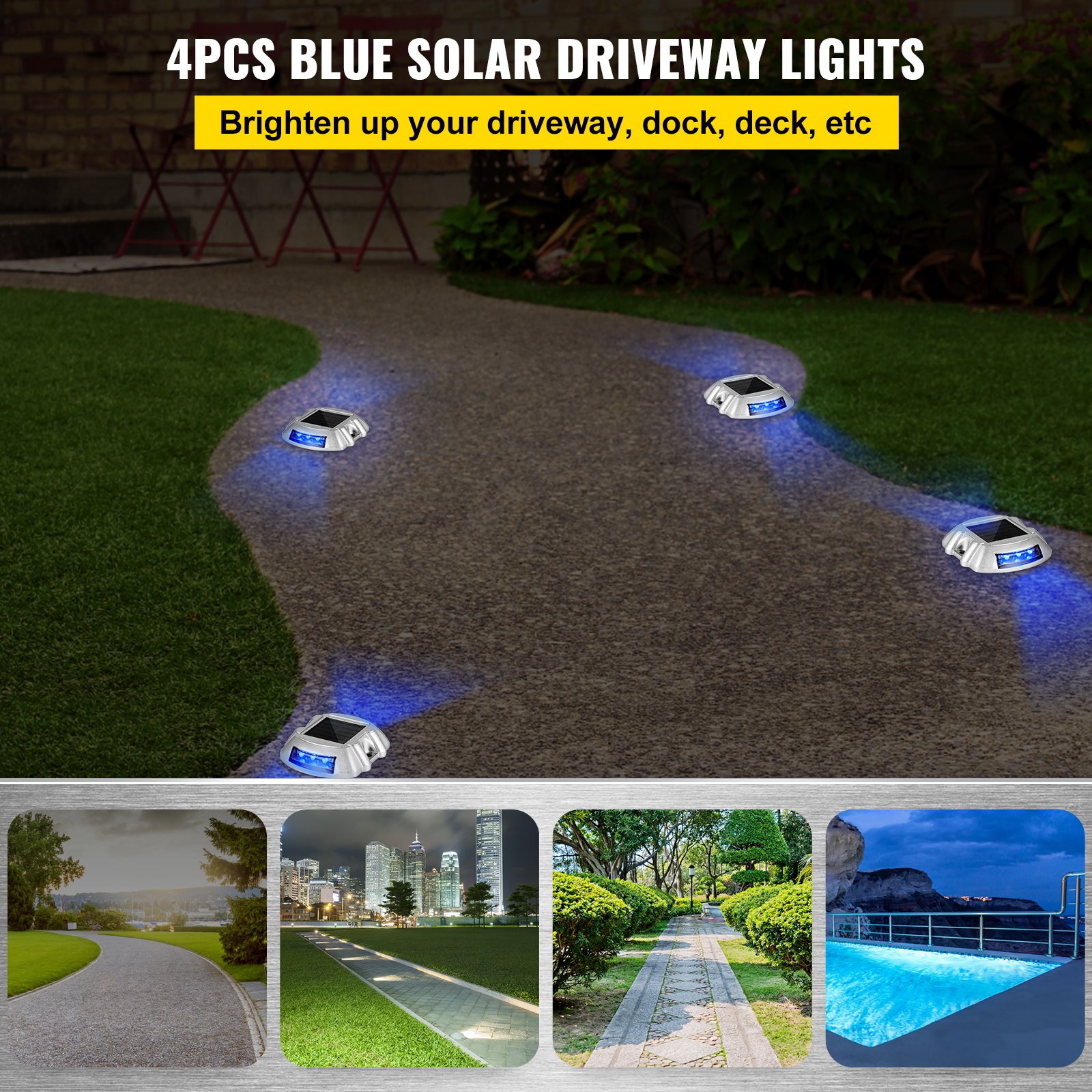 Las luces de entrada solares VEVOR iluminan una entrada curva con tonos azules por la noche.