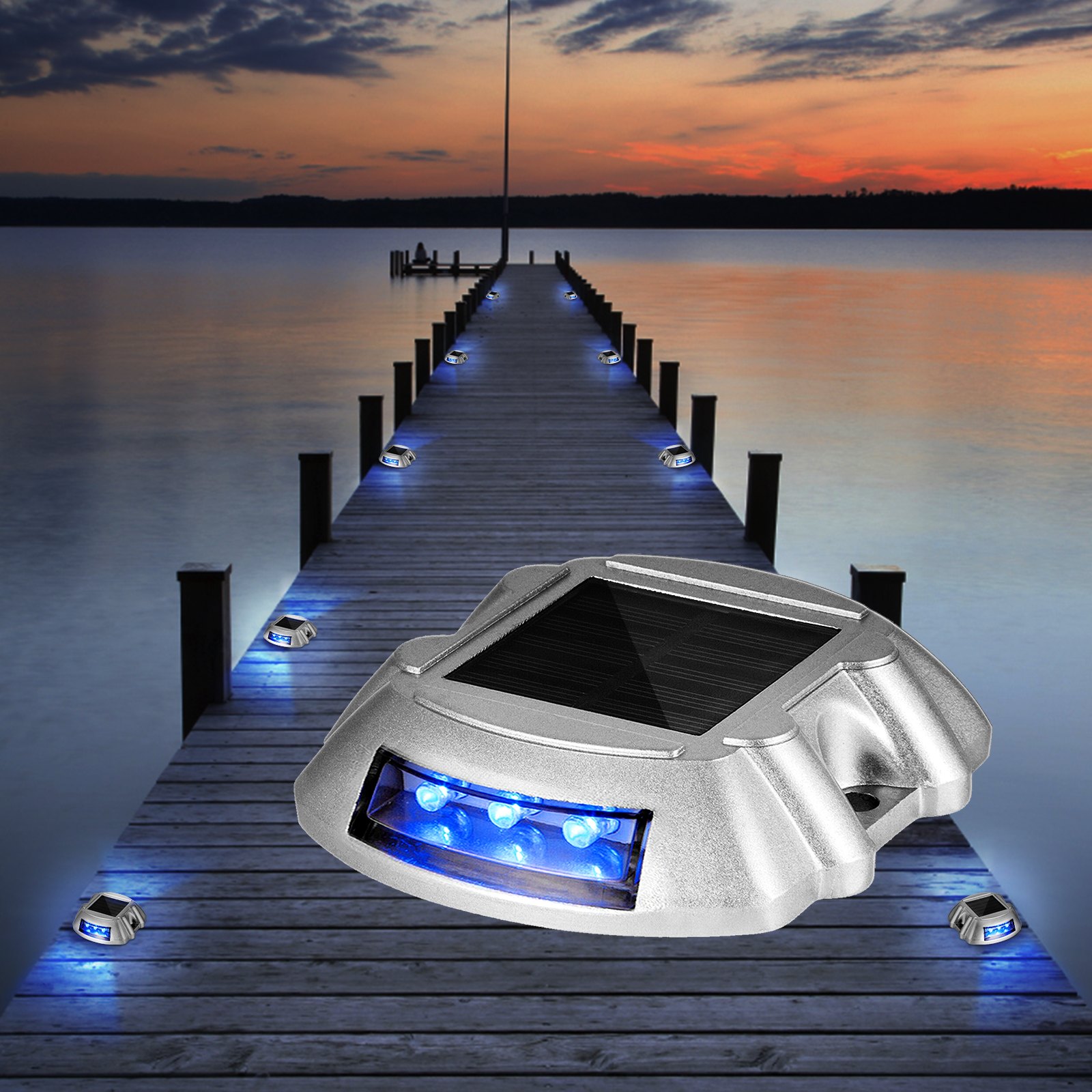 Luces de entrada solares VEVOR que iluminan un muelle al atardecer con LED azules vibrantes.