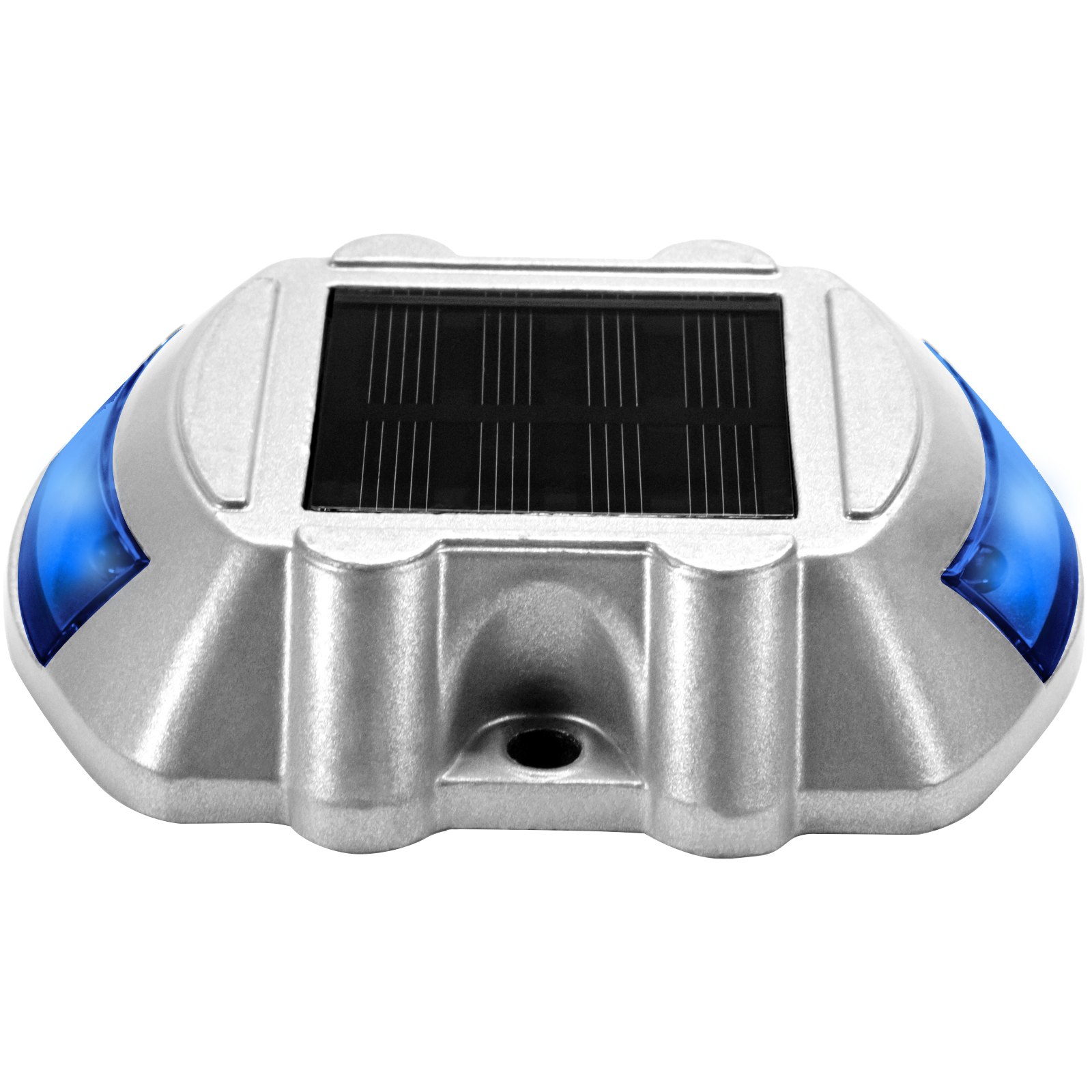 Luces de entrada solares VEVOR con LED azul y carcasa plateada.