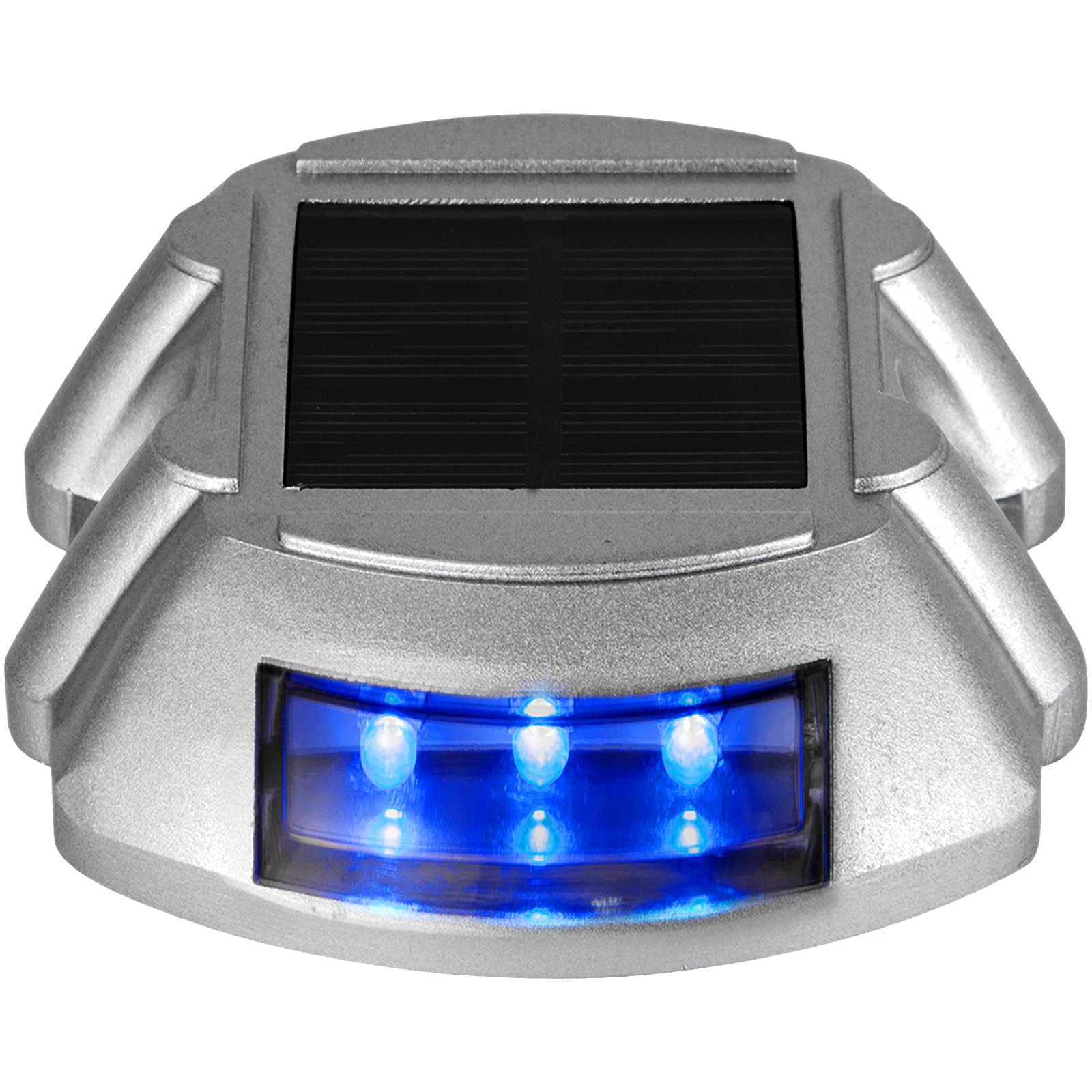 Luces de entrada solares VEVOR con iluminación LED azul y carcasa metálica.