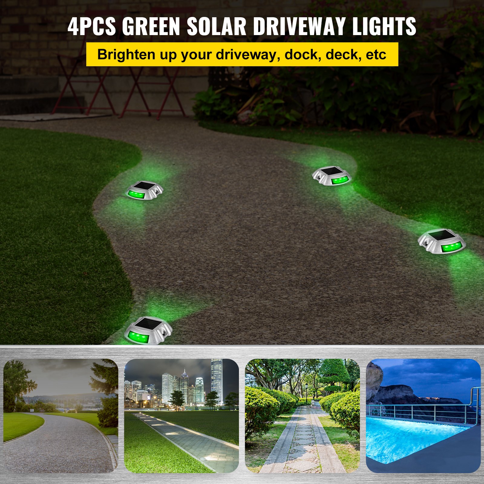 Luces de entrada solares VEVOR que iluminan un camino con iluminación LED verde por la noche.