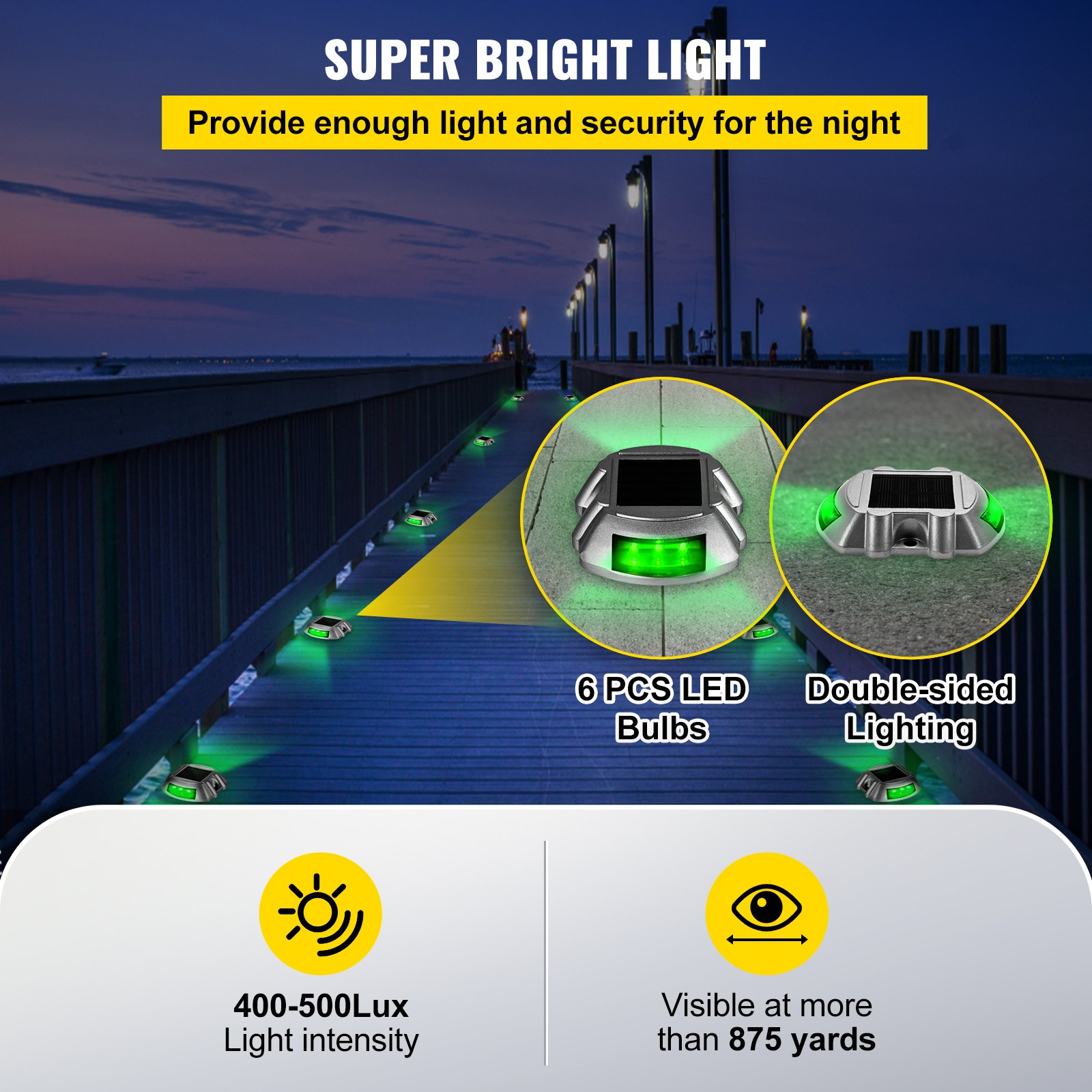 Luces de entrada solares VEVOR en un paseo marítimo con iluminación LED verde de doble cara.