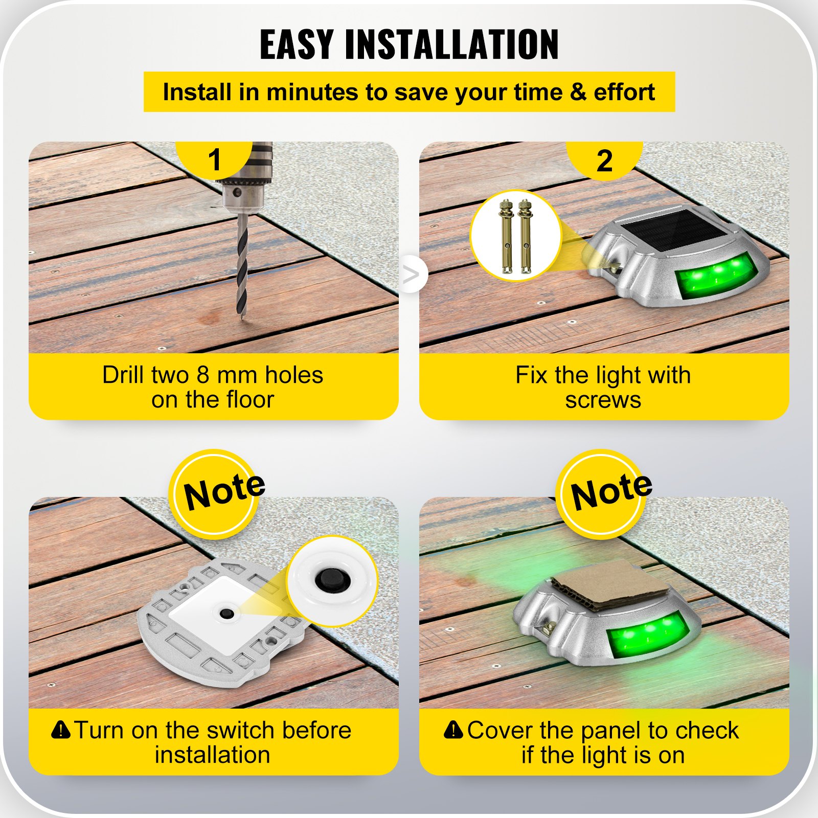 Guía de instalación sencilla para luces de entrada solares VEVOR que muestra cómo perforar, fijar y probar.