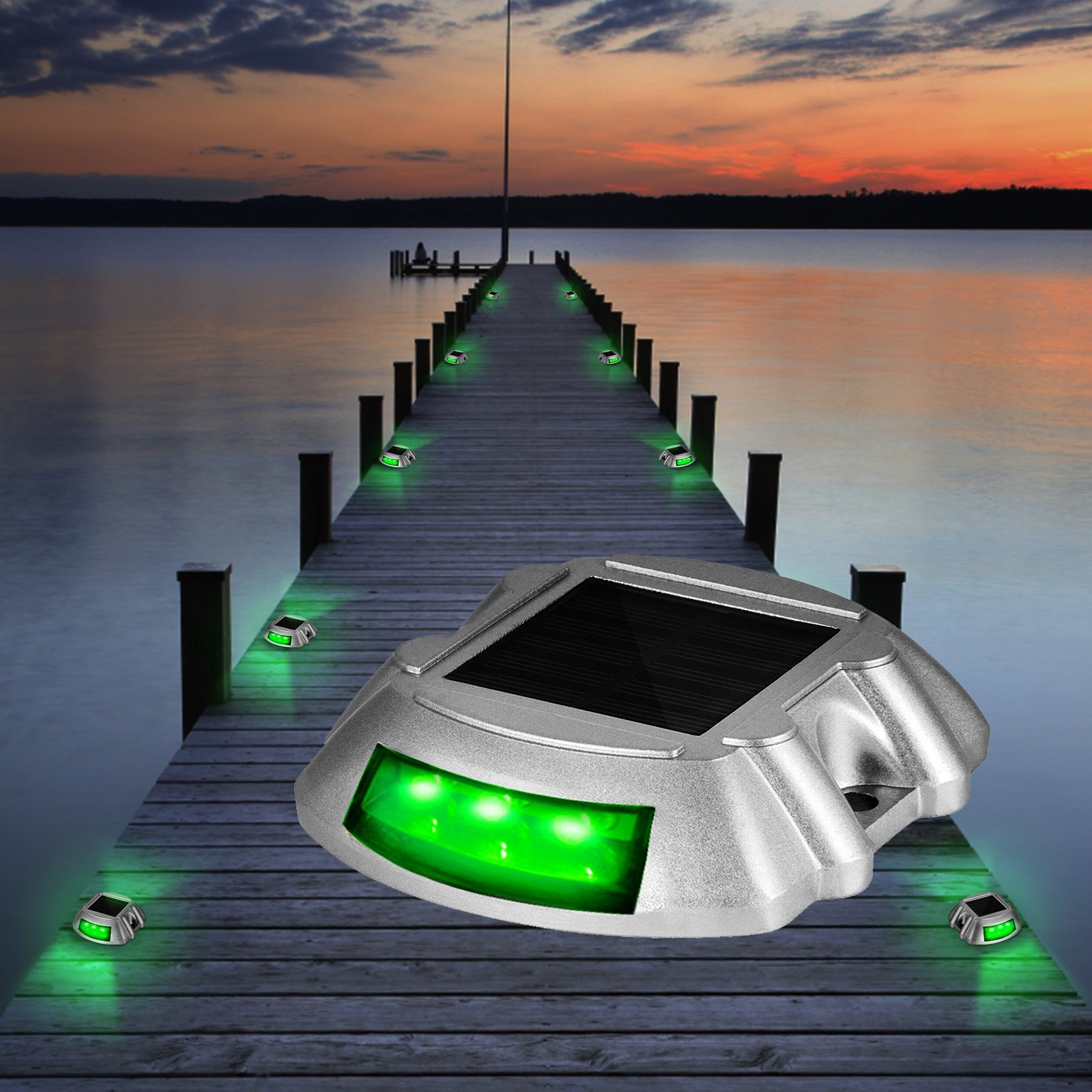 Luces de entrada solares VEVOR que iluminan un muelle de madera al atardecer con luces LED verdes.