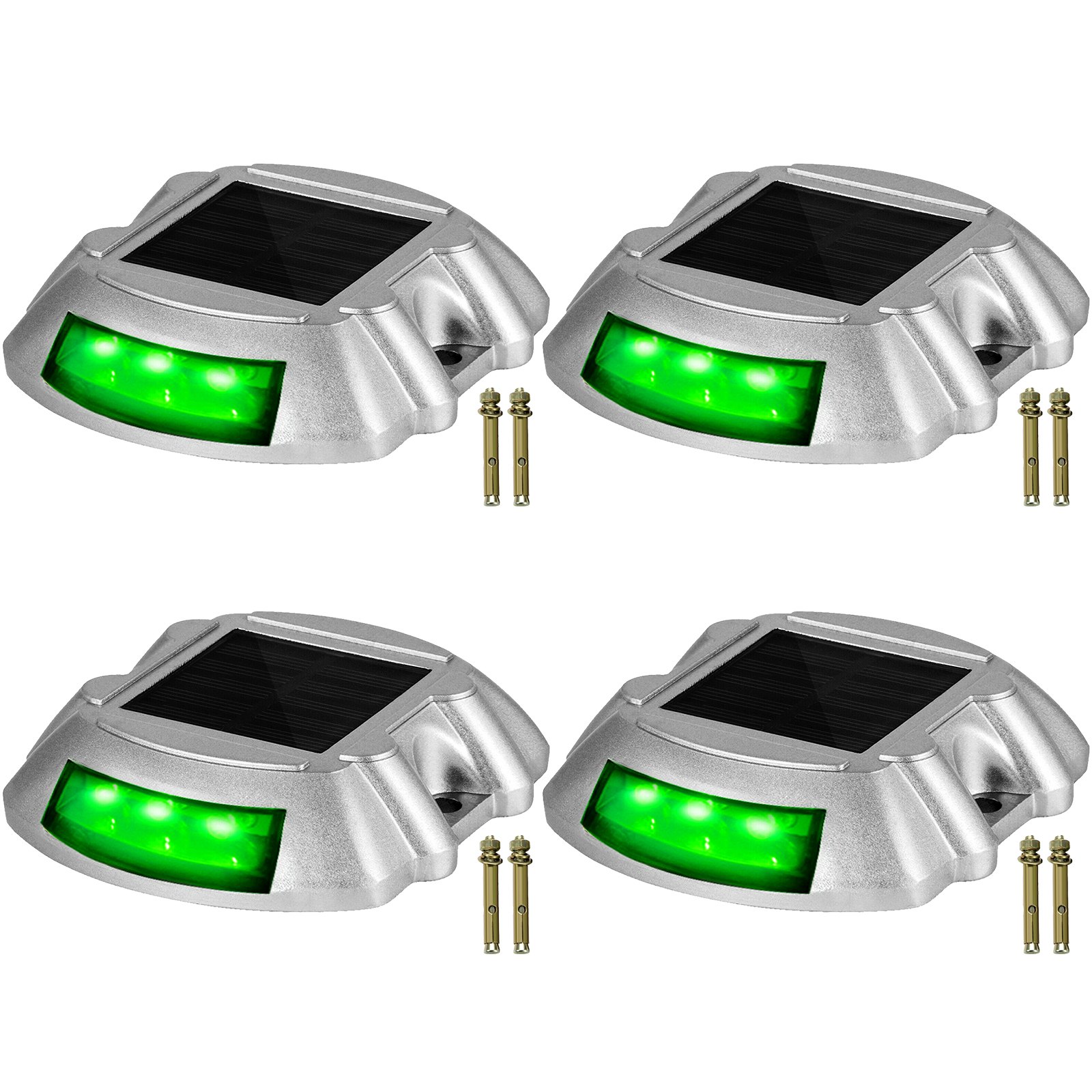Cuatro luces de entrada solares VEVOR que emiten luz verde con hardware de montaje.