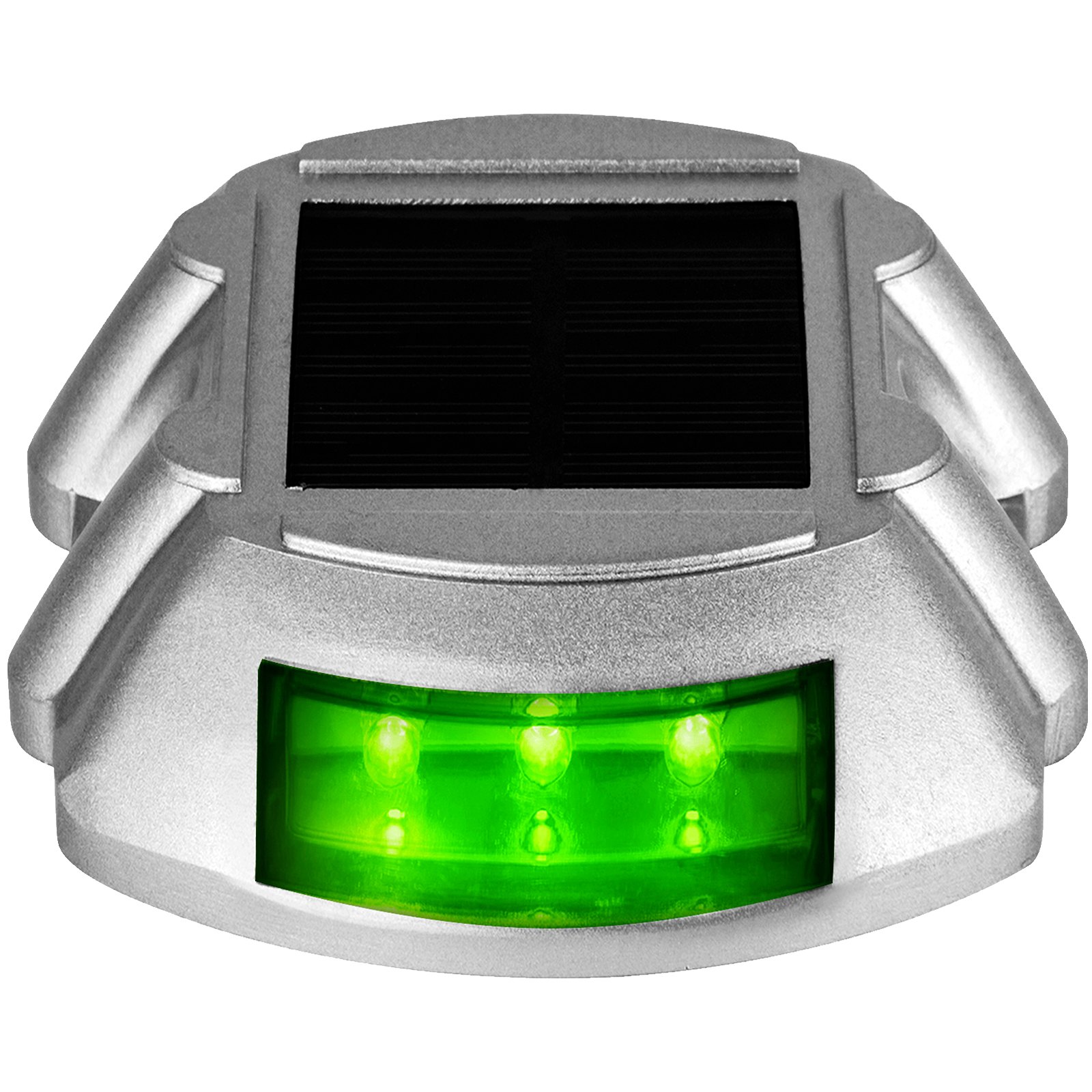 Luces de entrada solares VEVOR con iluminación LED verde y cuerpo metálico.