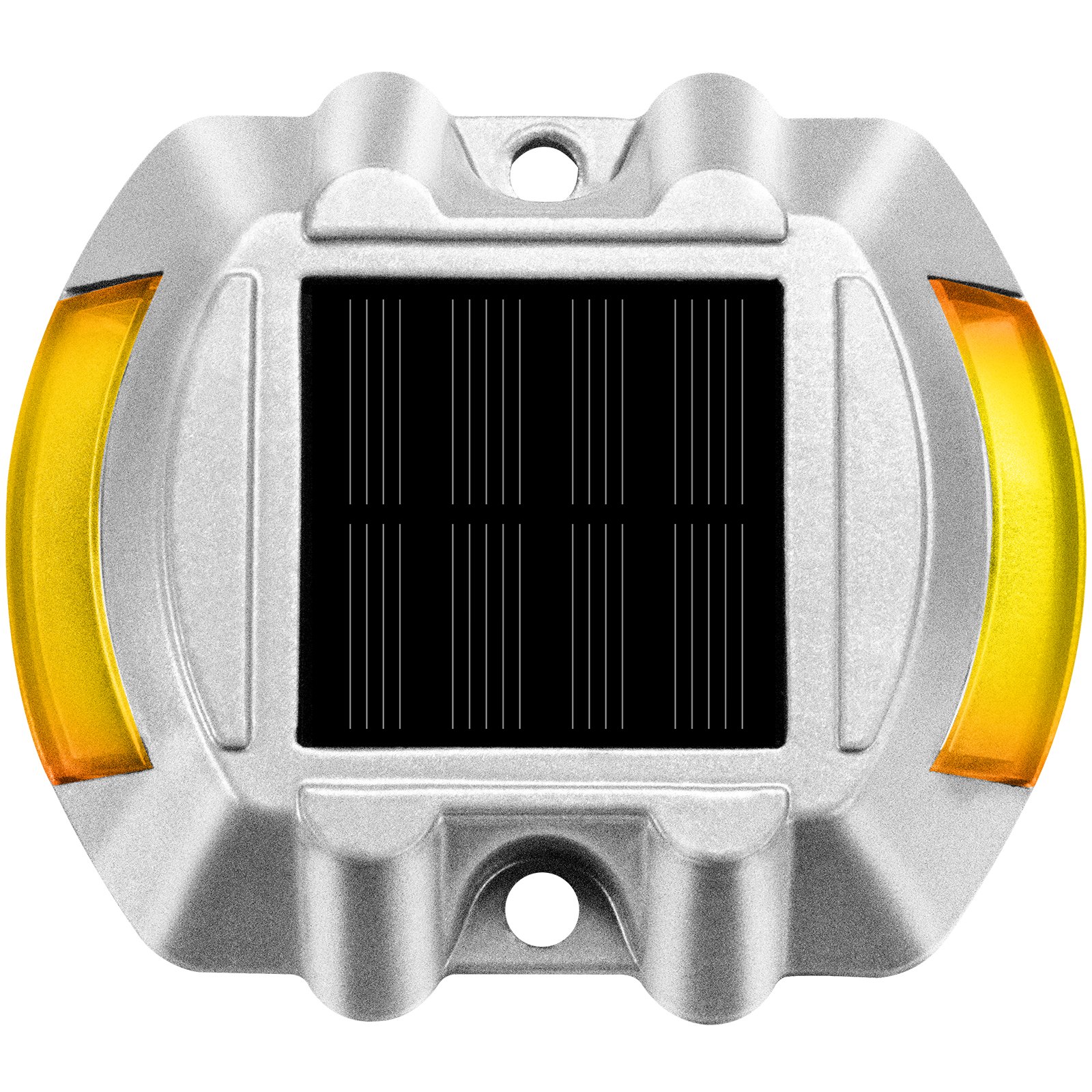 Luces de entrada solares VEVOR, cuerpo plateado con reflectores amarillos y panel solar negro