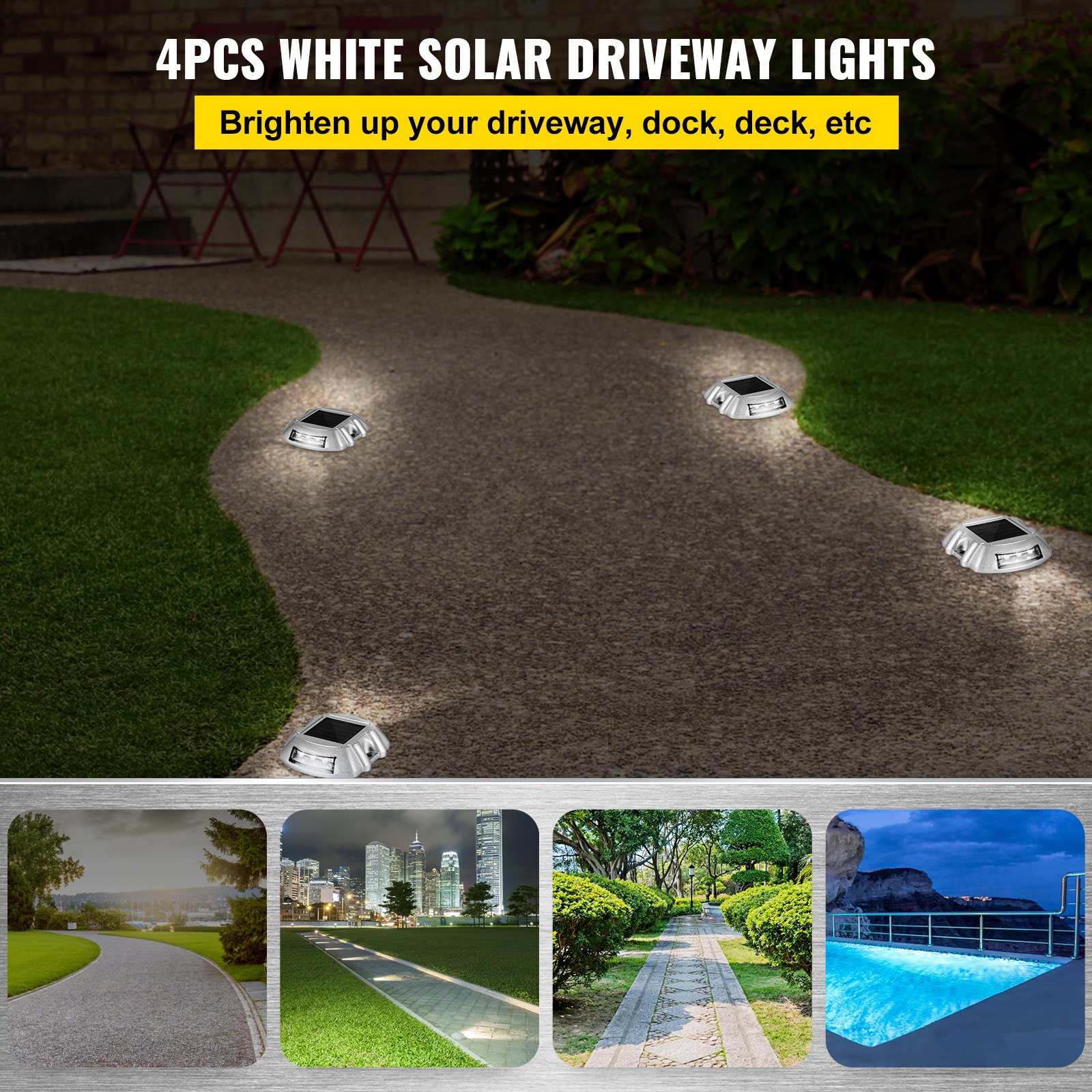 4 luces solares para entrada de vehículos VEVOR que iluminan un camino sinuoso por la noche.