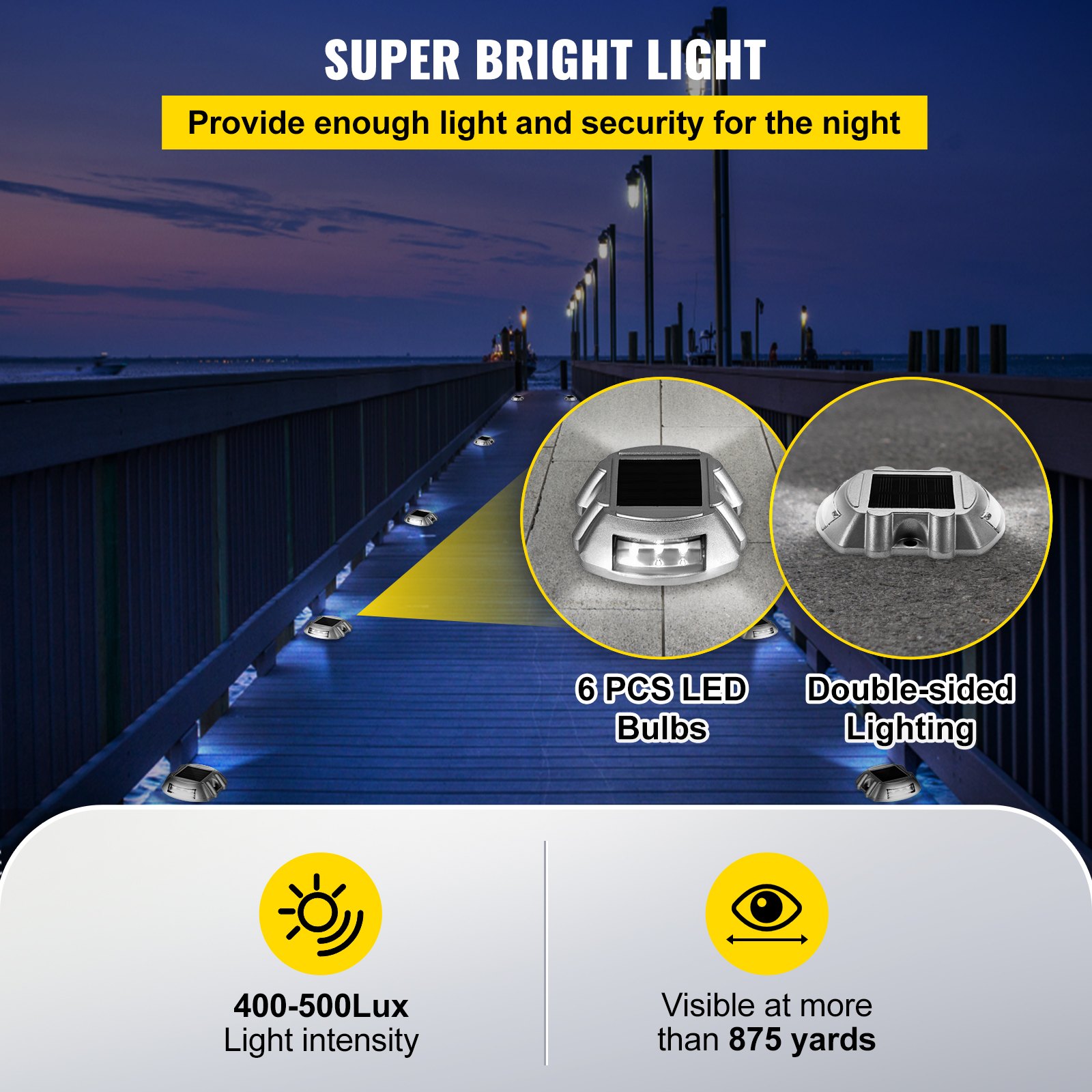 Luces de entrada solares VEVOR en un muelle con 6 bombillas LED, iluminación de doble cara.