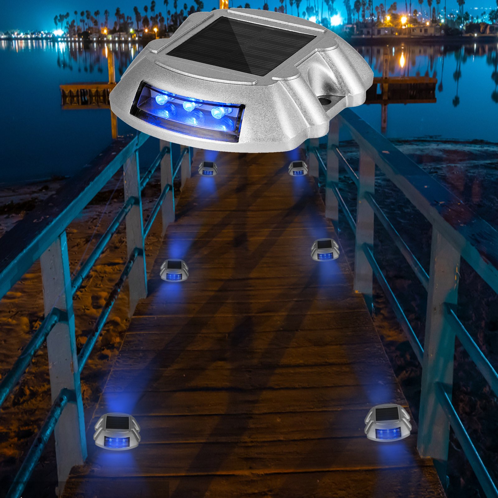 Luces de entrada solares VEVOR que iluminan un muelle por la noche con luces LED azules.
