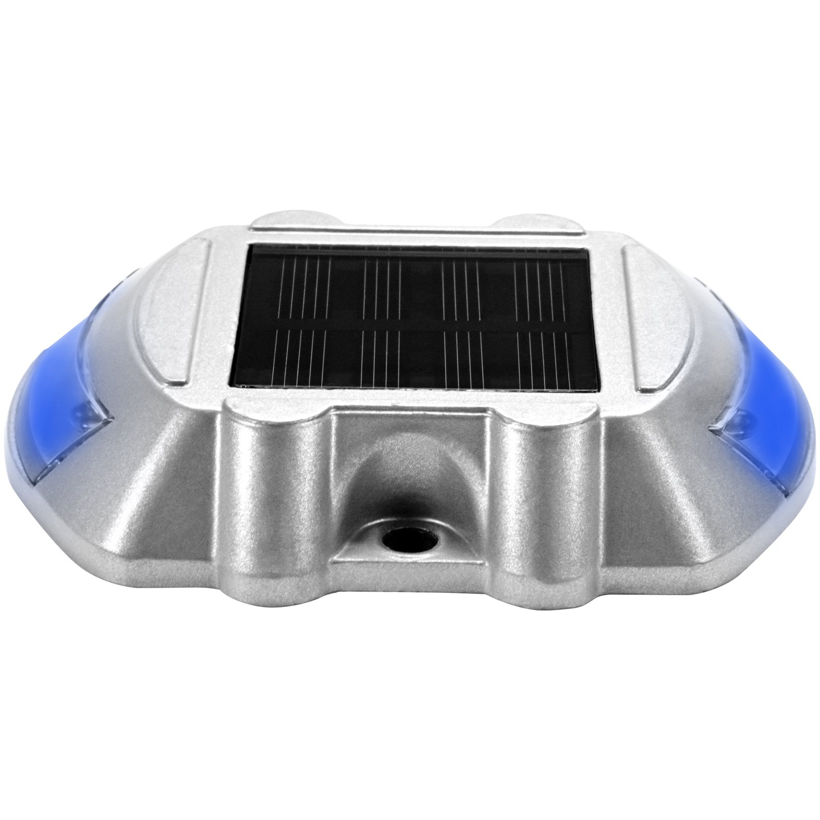 Luces de entrada solares VEVOR con detalles LED azules y una elegante carcasa gris.
