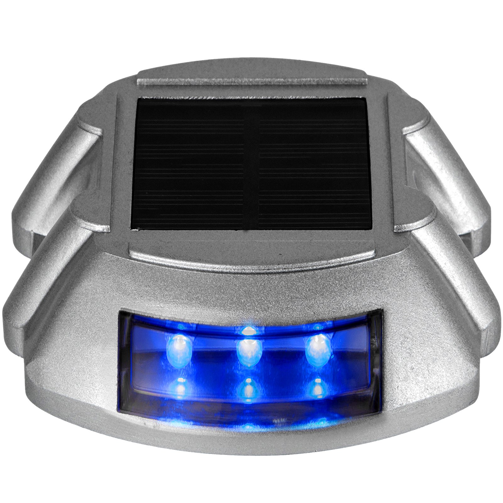 Luces de entrada solares VEVOR plateadas con iluminación LED azul y panel solar negro.