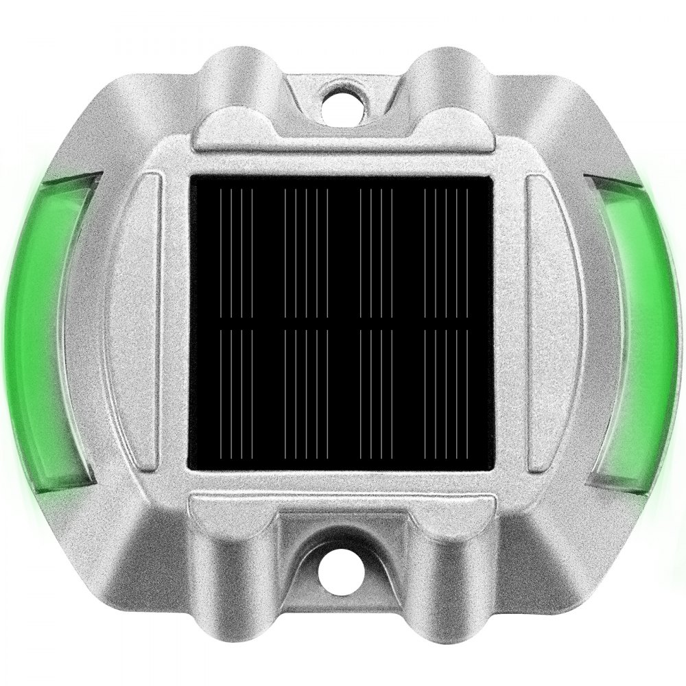 Luces de entrada solares VEVOR, LED verde, carcasa plateada, panel solar central.