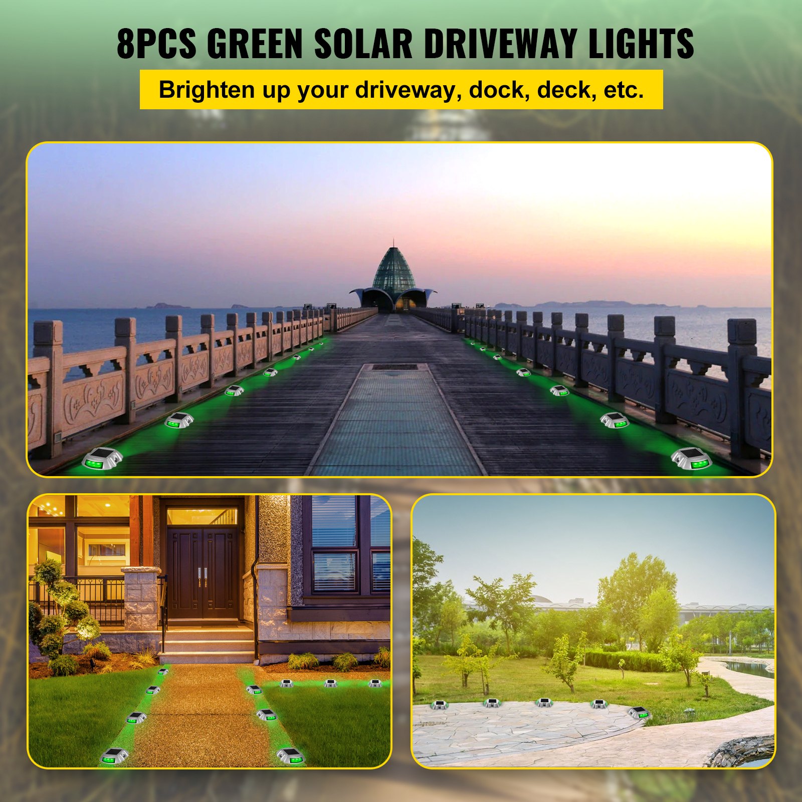 8 luces de entrada solares VEVOR verdes que iluminan caminos en un muelle, entrada de casa y jardín.