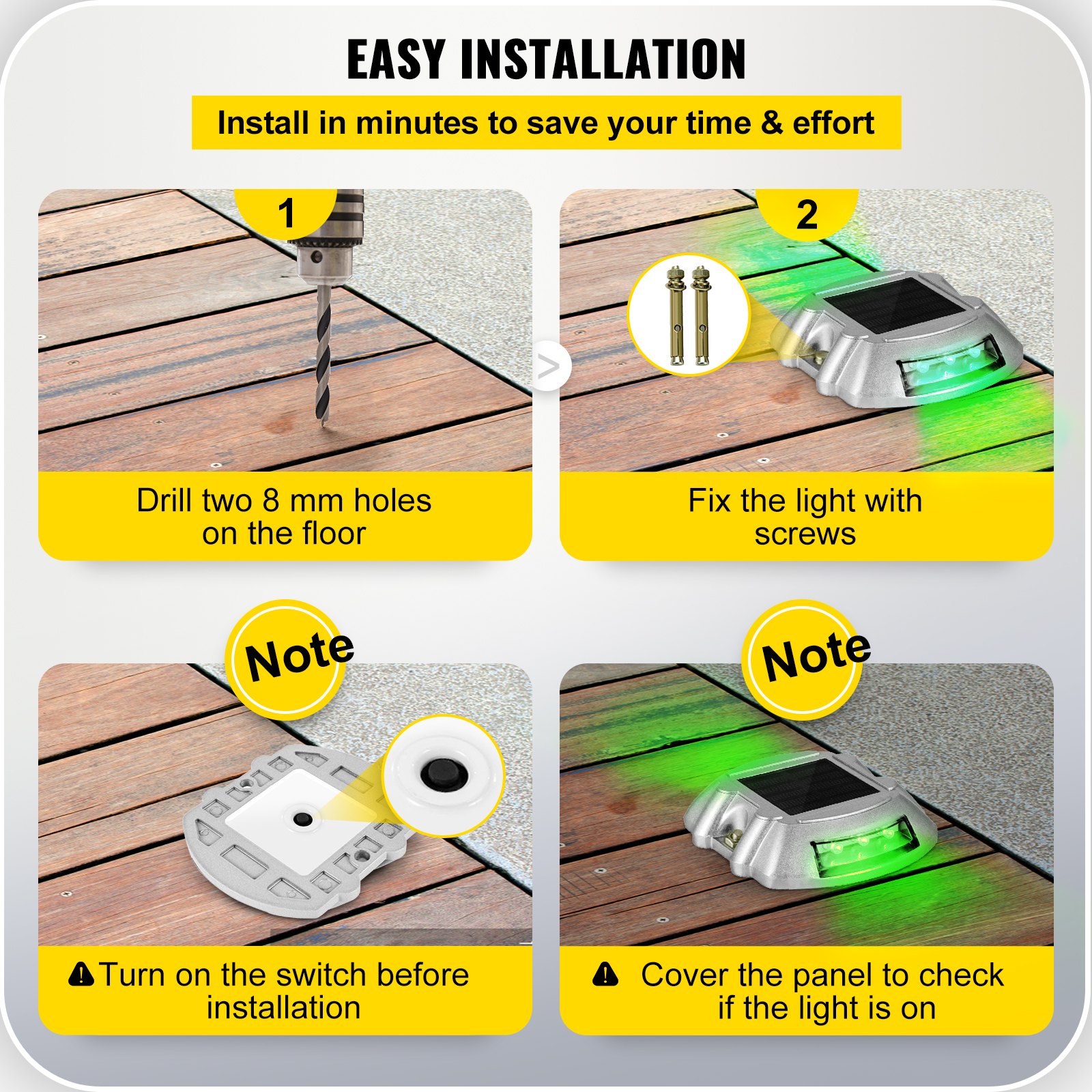 Guía de fácil instalación para luces de entrada solares VEVOR, con pasos y notas en imágenes.