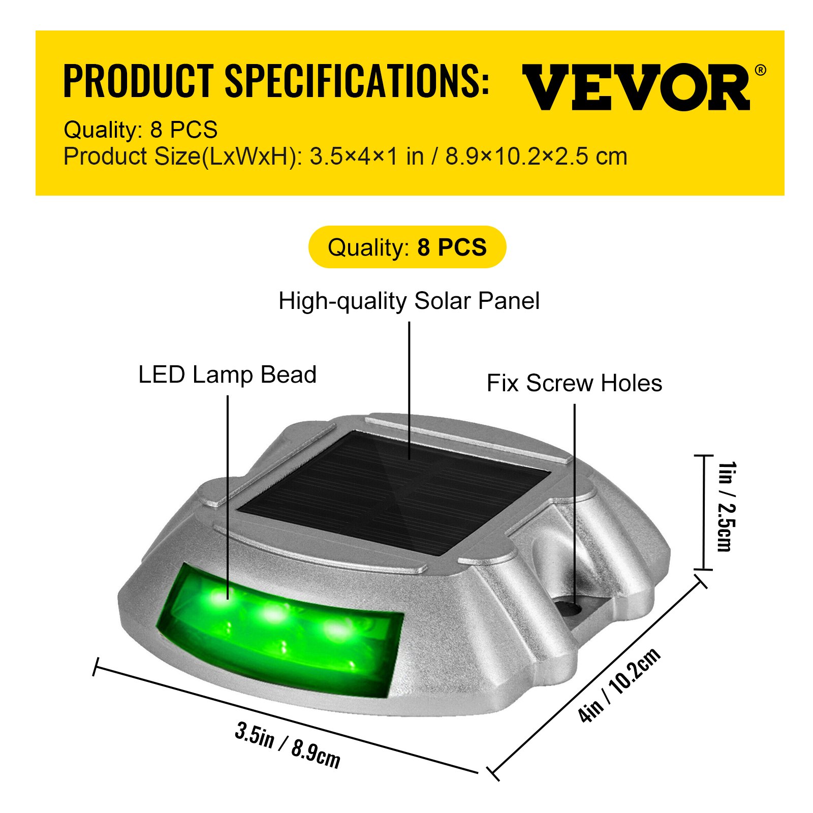 Luces de entrada solares VEVOR con LED verde, panel solar de alta calidad y orificios para tornillos fijos.