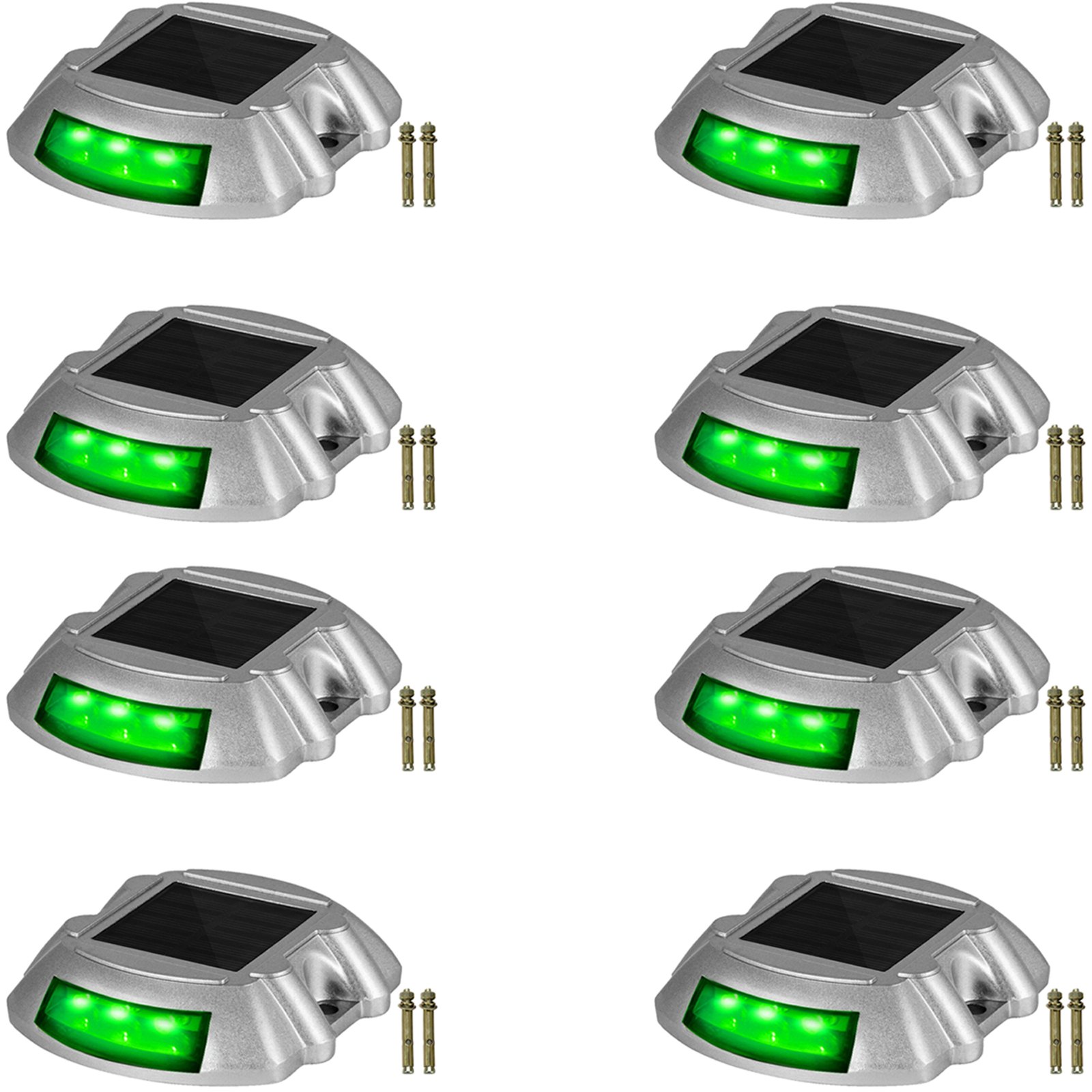 Fila de 8 luces de entrada solares VEVOR iluminadas en verde con tornillos de montaje mostrados.