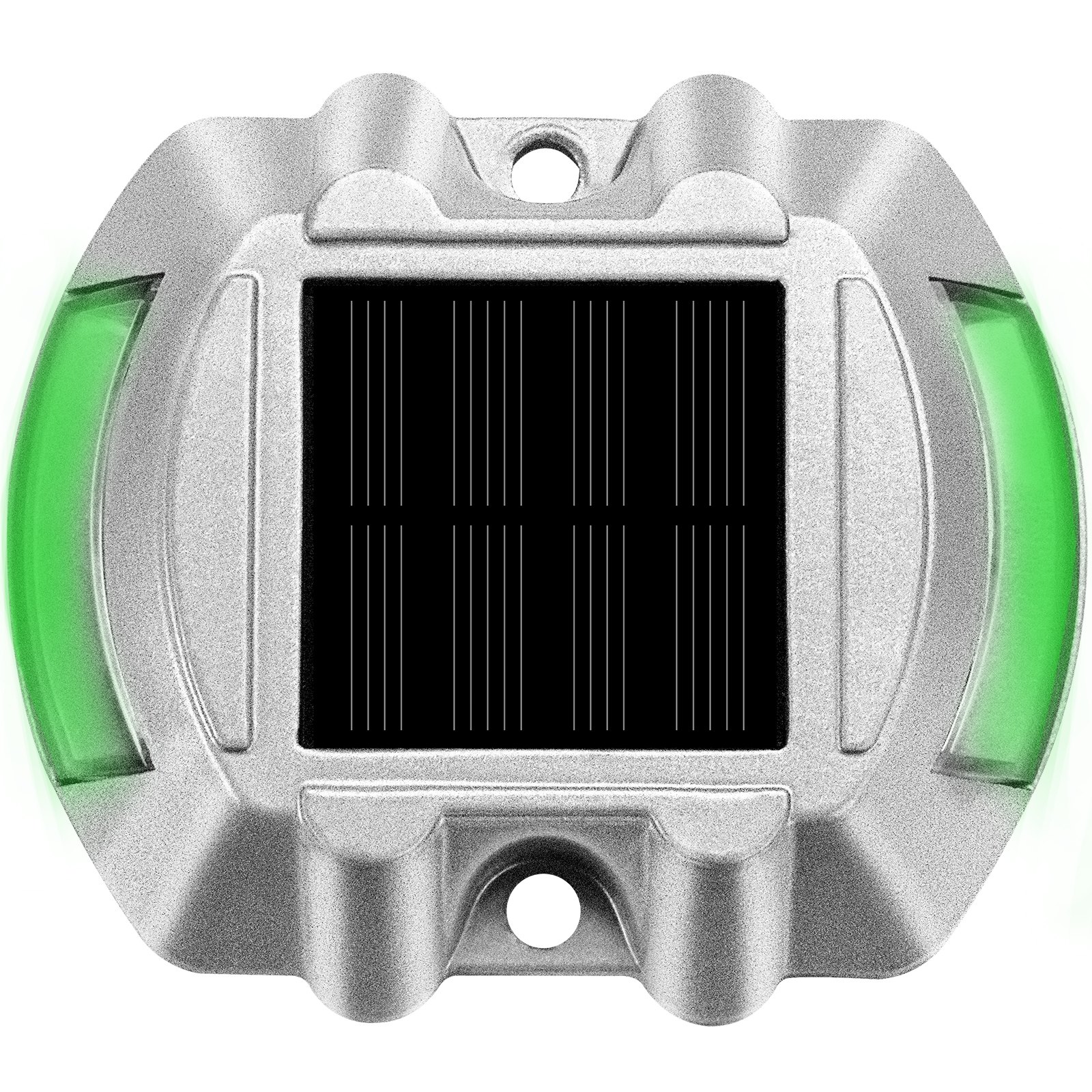 Luces de entrada solares VEVOR, LED verde, carcasa plateada, panel solar central.