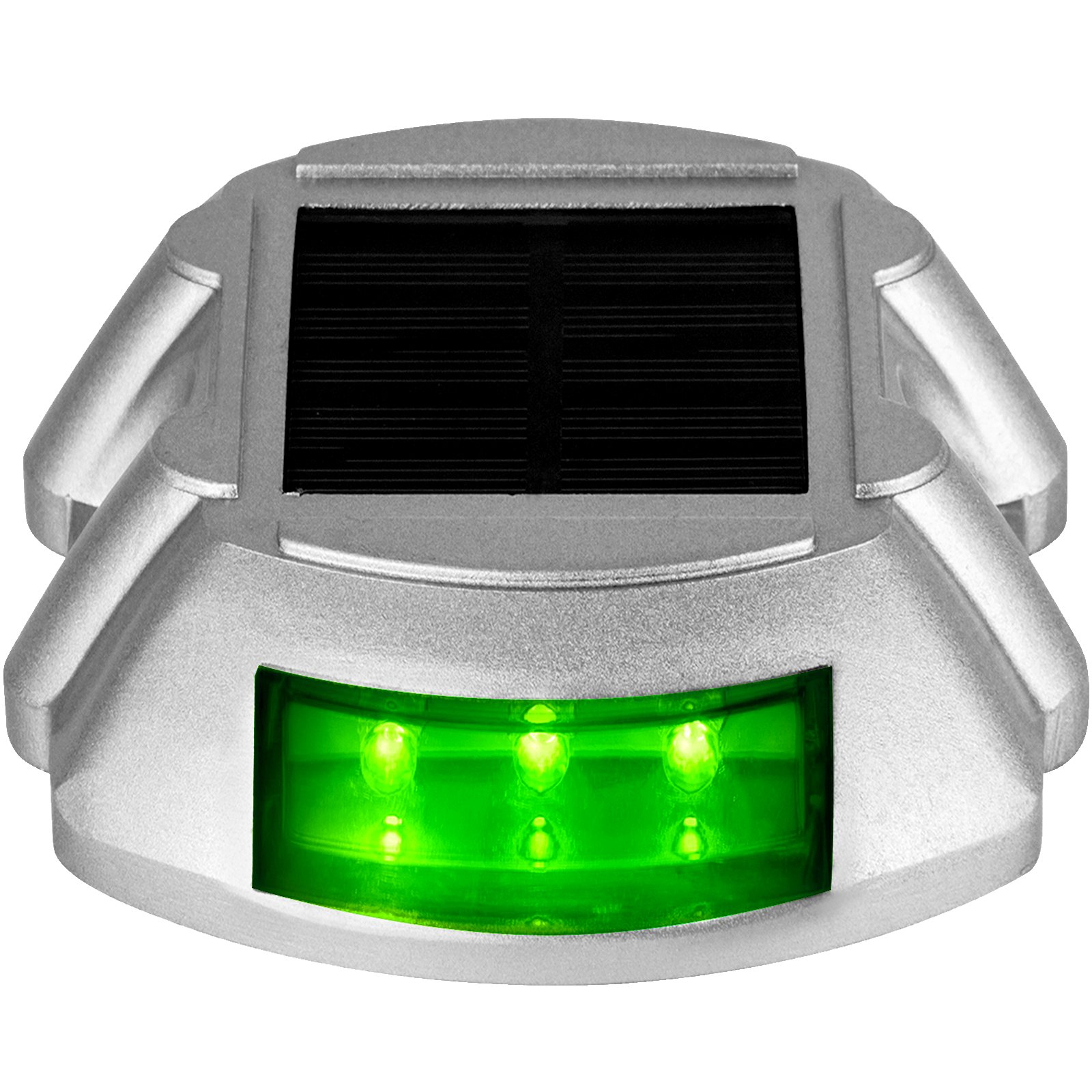 Luz de entrada solar VEVOR plateada con luces LED verdes y un panel solar negro.