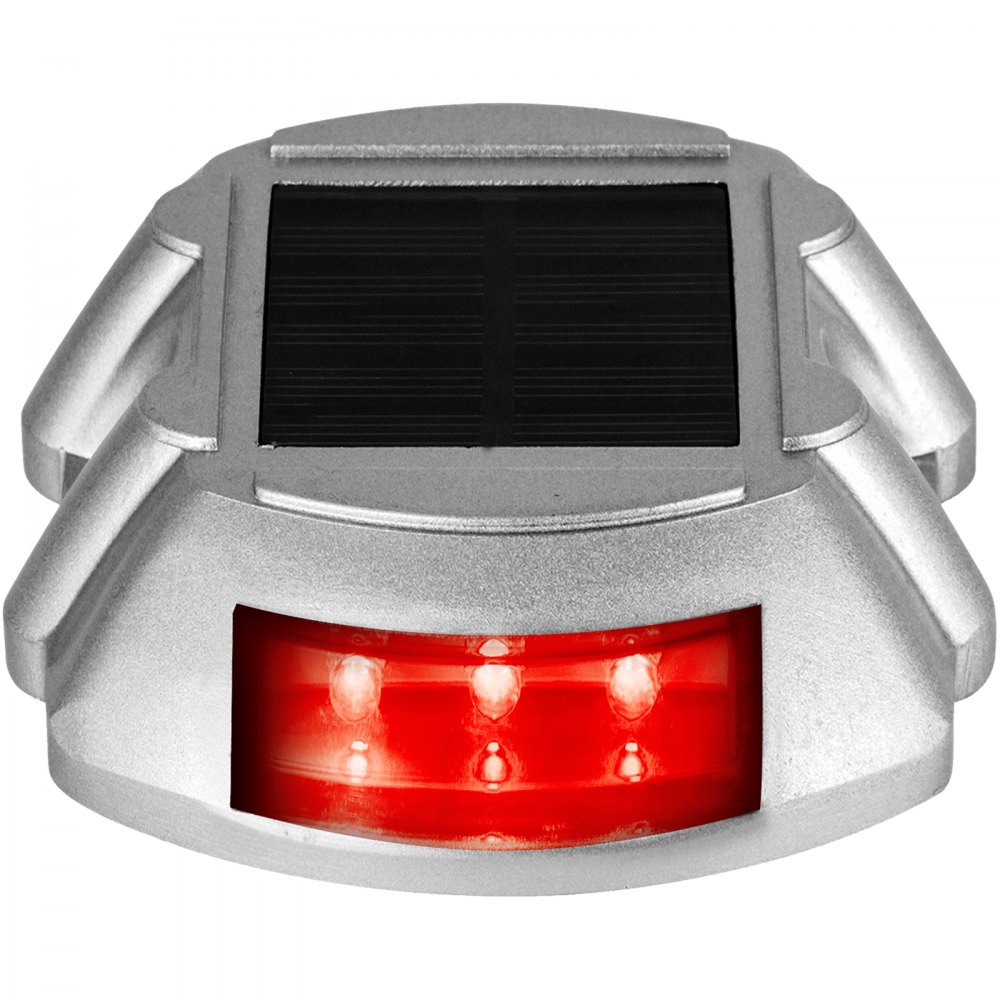 Luces de entrada solares VEVOR con iluminación LED roja y un elegante diseño plateado.
