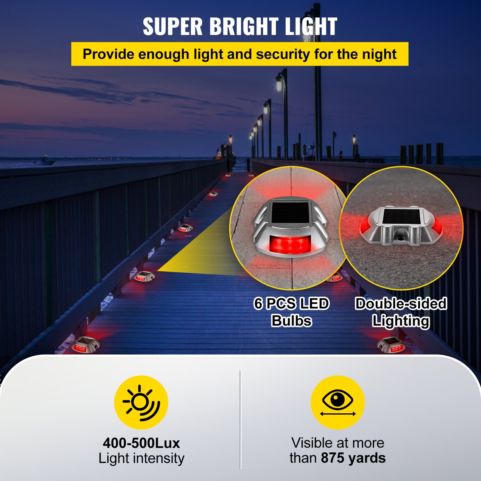 Luces de entrada solares VEVOR que iluminan un paseo marítimo con 6 LED e iluminación de doble cara.