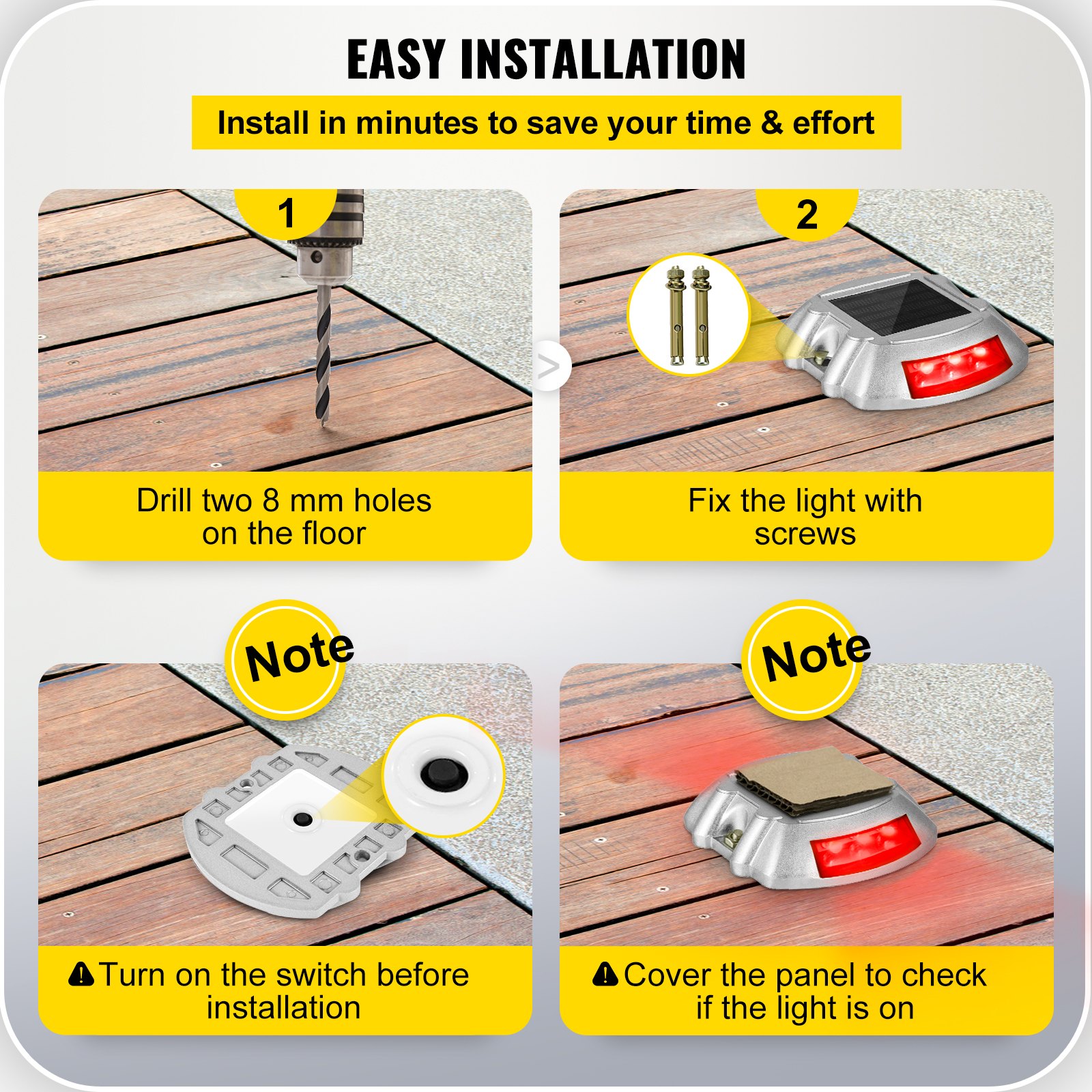 Guía de instalación de luces solares para entrada de vehículos VEVOR en cuatro pasos sobre una plataforma de madera.