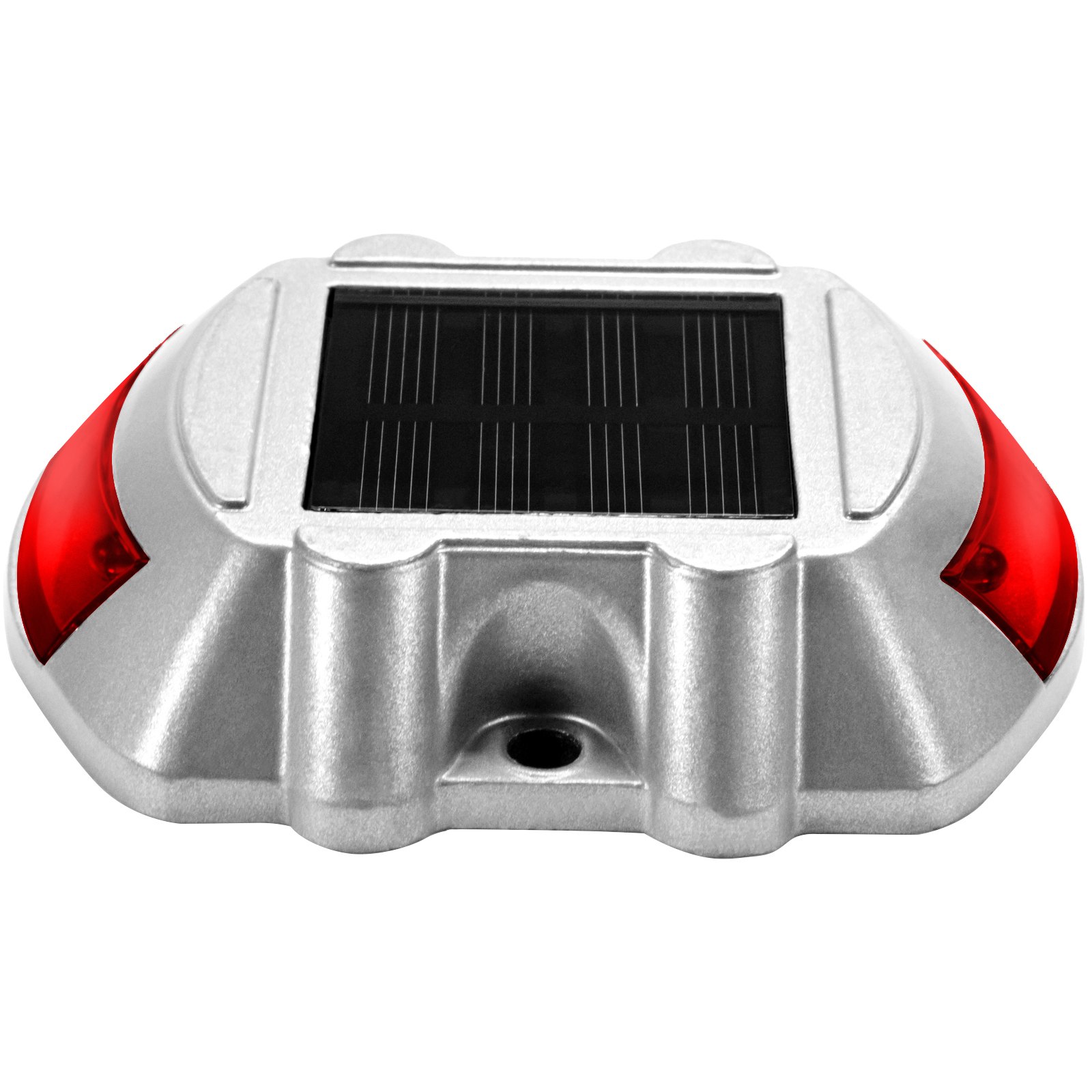 Luces de entrada solares VEVOR plateadas con un panel solar negro y reflectores rojos.