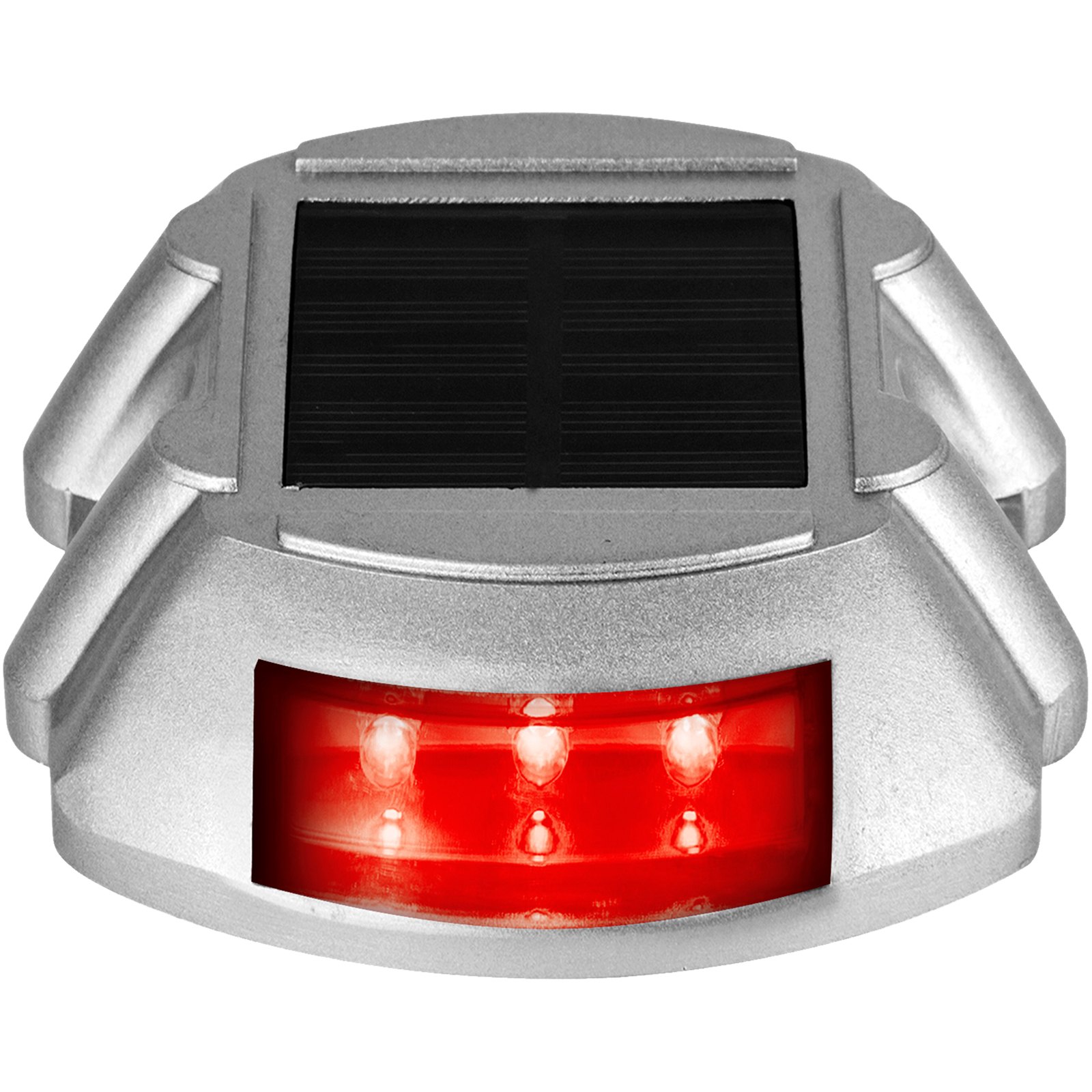 Luces de entrada solares VEVOR con iluminación LED roja y un elegante diseño plateado.