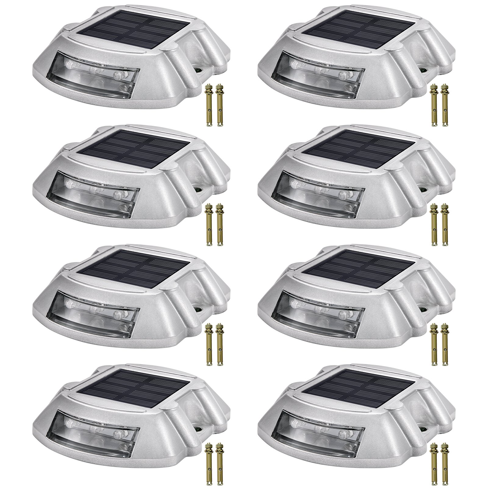 Siete luces de entrada solares VEVOR dispuestas con tornillos de montaje.