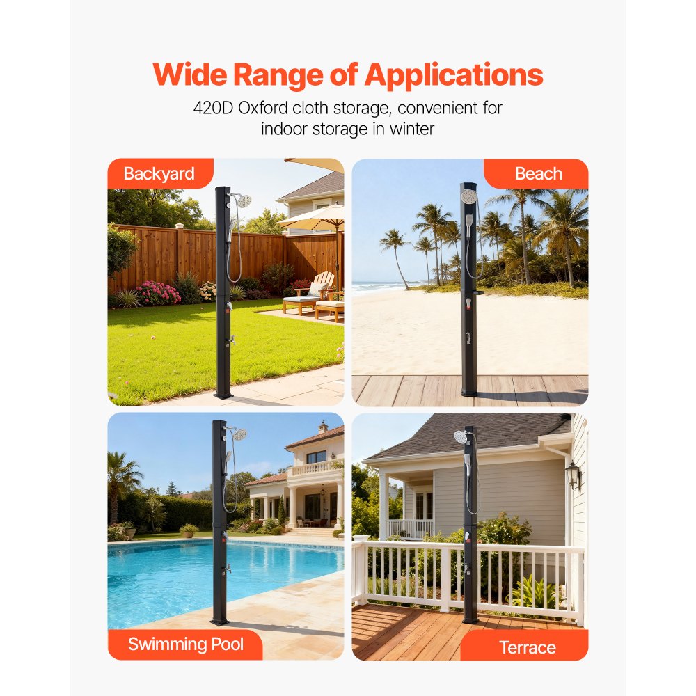 Ducha solar VEVOR de 10.6 galones, altura del cabezal de ducha de 6.7 pies, ducha exterior con grifo de mano y de pie, ajuste de agua fría y caliente, independiente para patio trasero, piscina, playa, piscina, color negro.