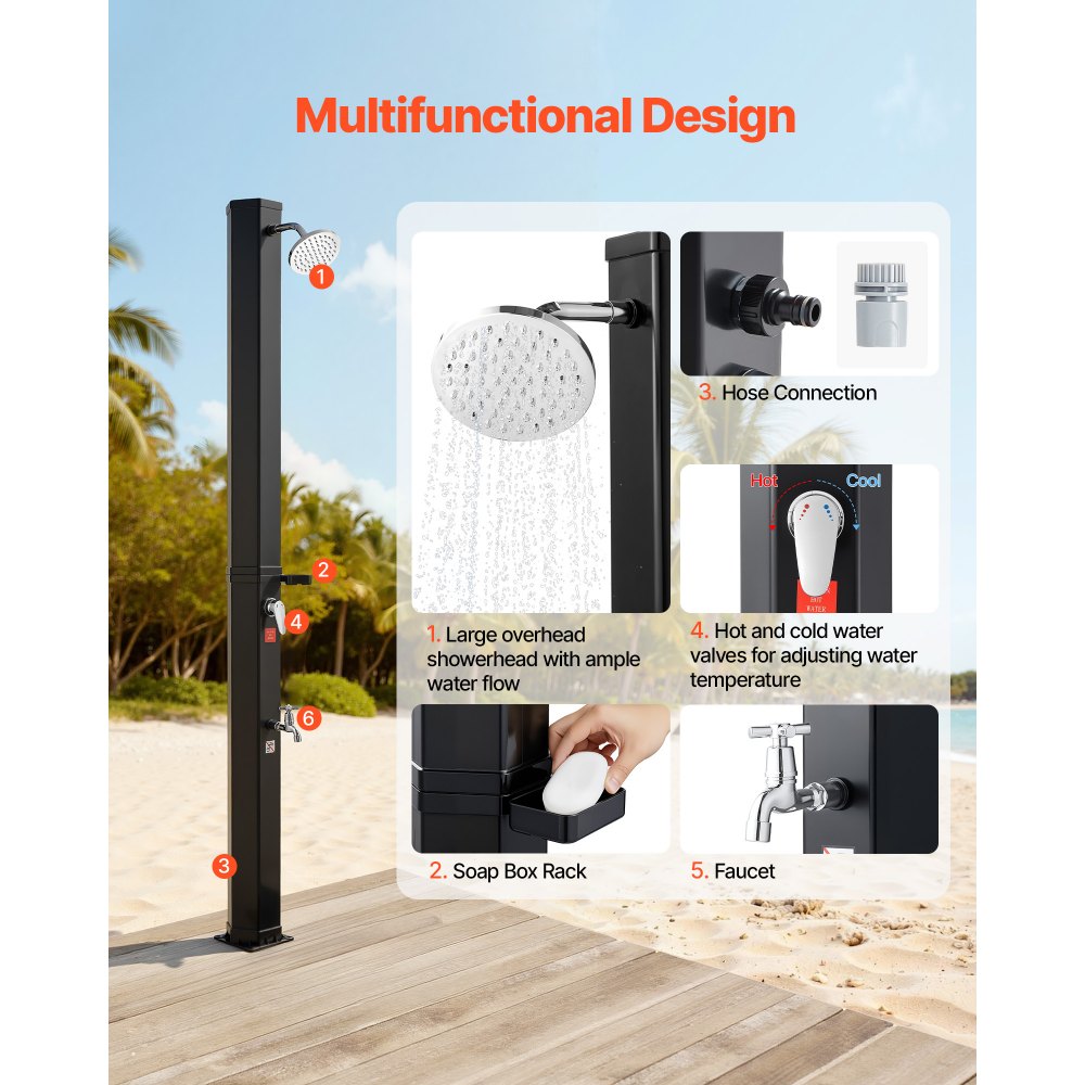 VEVOR Ducha Solar para Exteriores 35 L con Cabezal de Ducha Alto Total de 216 cm, Ducha Solar para Piscina con Grifo y Jabonera, Ajuste de Agua Caliente y Fría, para Jardín, Playa, Patio, Negro