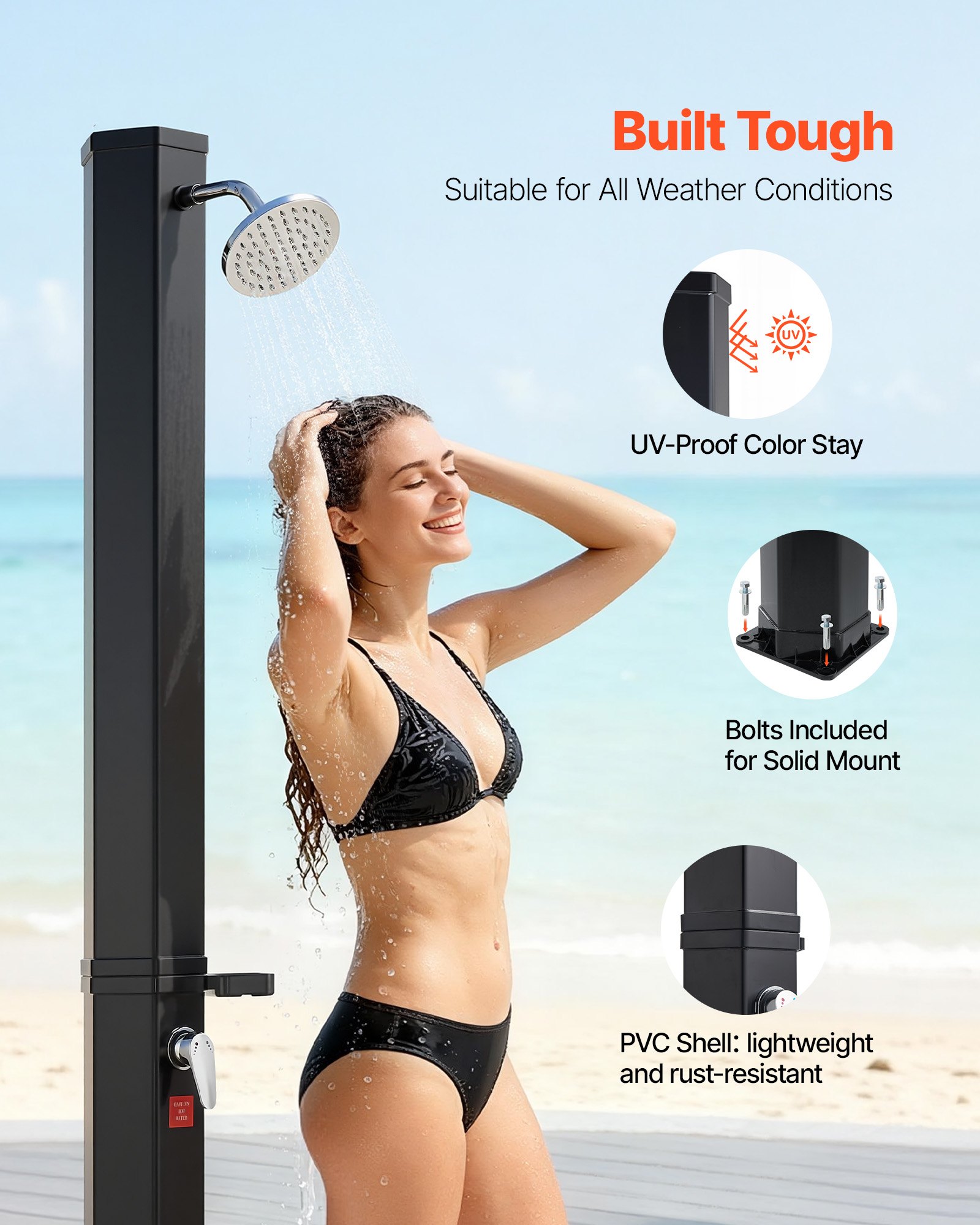 VEVOR Ducha Solar para Exteriores 35 L con Cabezal de Ducha Alto Total de 216 cm, Ducha Solar para Piscina con Grifo y Jabonera, Ajuste de Agua Caliente y Fría, para Jardín, Playa, Patio, Negro