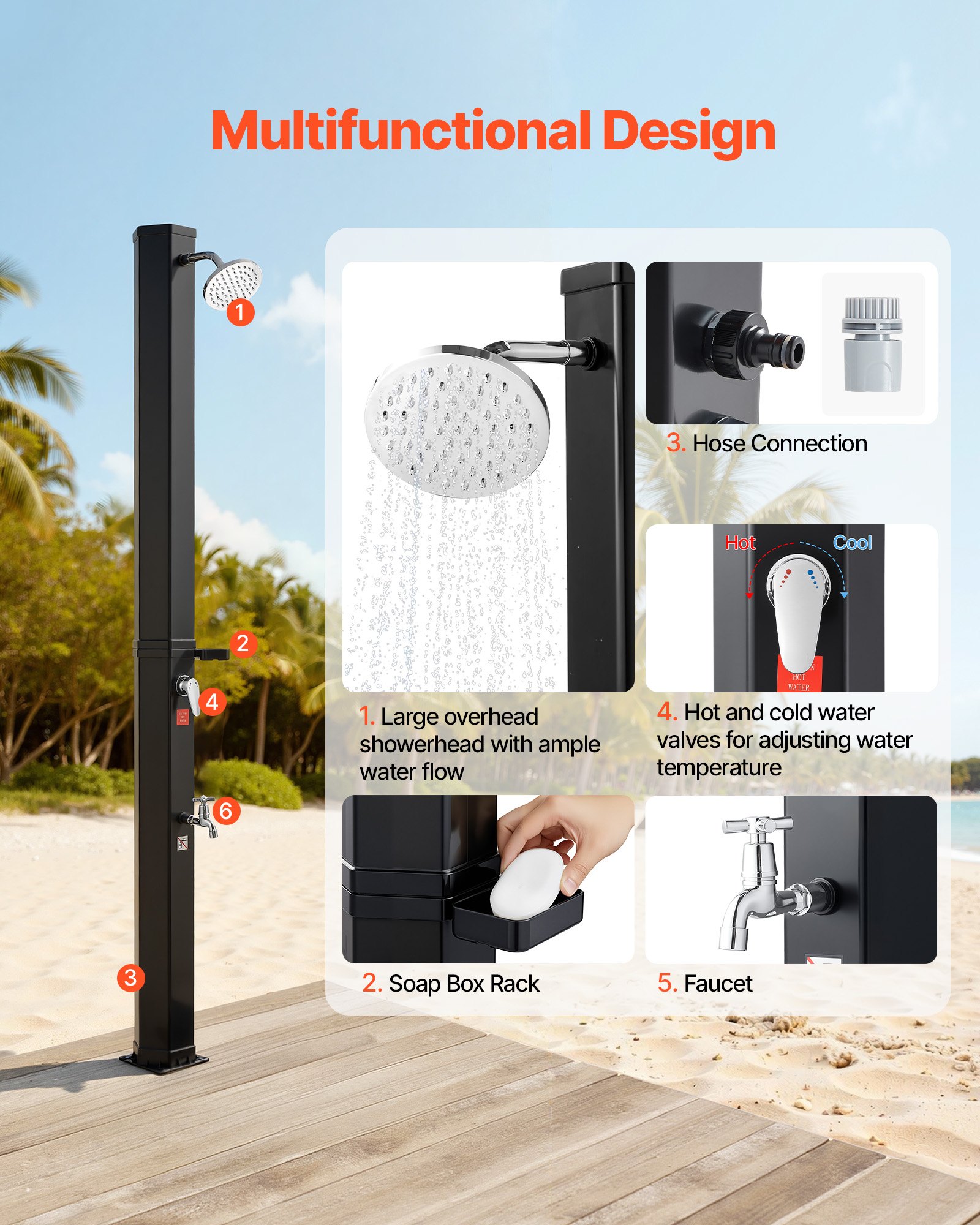 VEVOR Ducha Solar para Exteriores 35 L con Cabezal de Ducha Alto Total de 216 cm, Ducha Solar para Piscina con Grifo y Jabonera, Ajuste de Agua Caliente y Fría, para Jardín, Playa, Patio, Negro