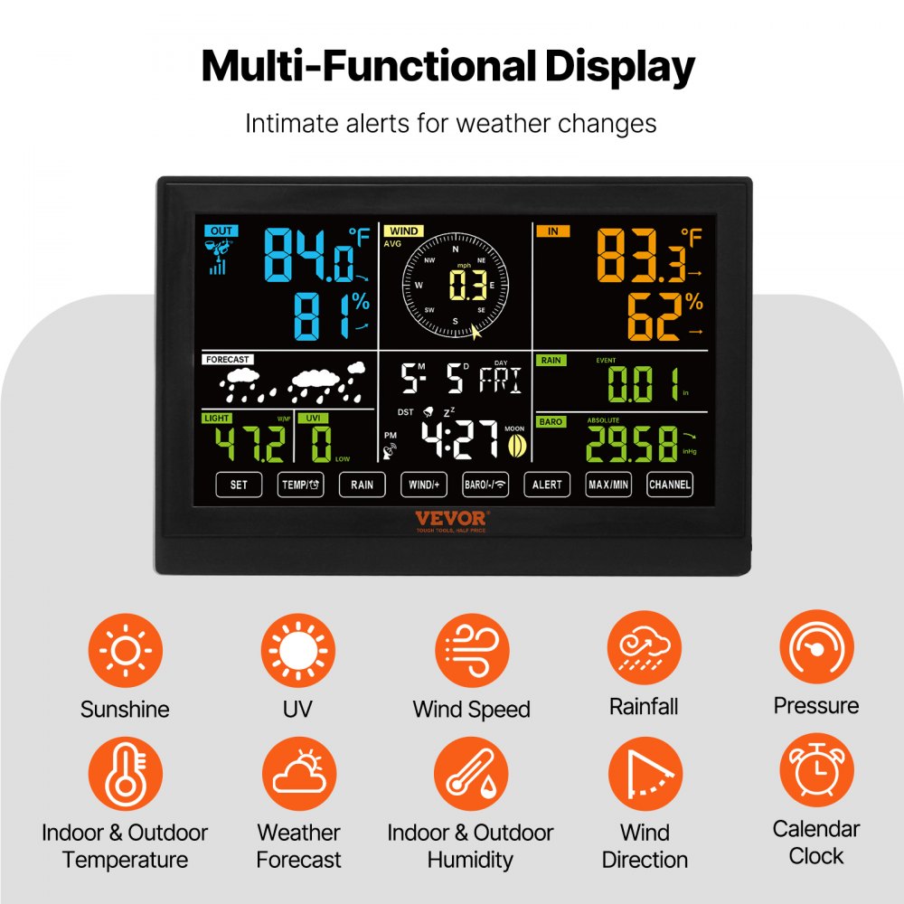 Estación meteorológica inalámbrica VEVOR 7 en 1, pantalla a color de 7,5 pulgadas, estación meteorológica digital para interiores y exteriores, con temperatura, humedad, velocidad/dirección del viento, lluvia, rayos UV, con datos de pronóstico, alarma y alertas (sin wifi).