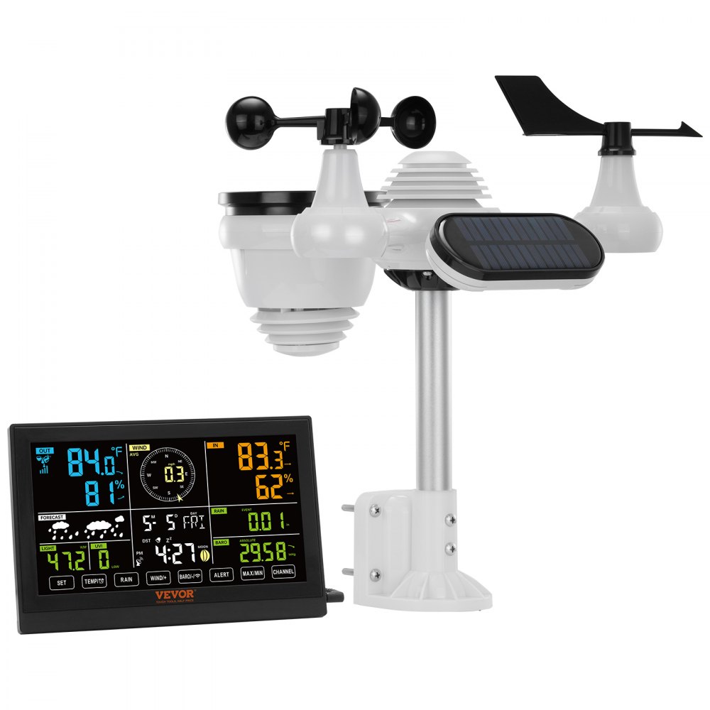 Estación meteorológica inalámbrica VEVOR 7 en 1, pantalla a color de 7,5 pulgadas, estación meteorológica digital para interiores y exteriores, con temperatura, humedad, velocidad/dirección del viento, lluvia, rayos UV, con datos de pronóstico, alarma y alertas (sin wifi).