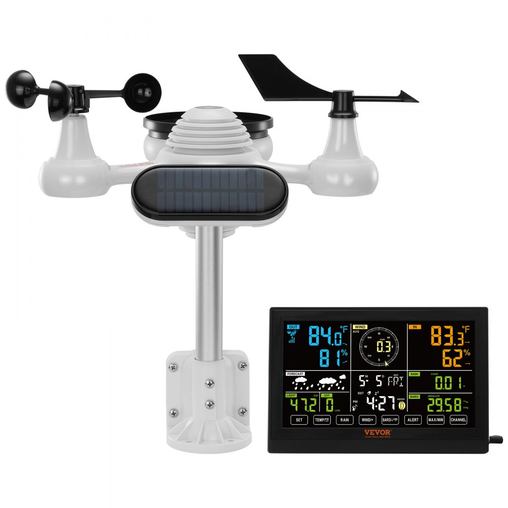 Estación meteorológica inalámbrica VEVOR 7 en 1, pantalla a color de 7,5 pulgadas, estación meteorológica digital para interiores y exteriores, con temperatura, humedad, velocidad/dirección del viento, lluvia, rayos UV, con datos de pronóstico, alarma y alertas (sin wifi).