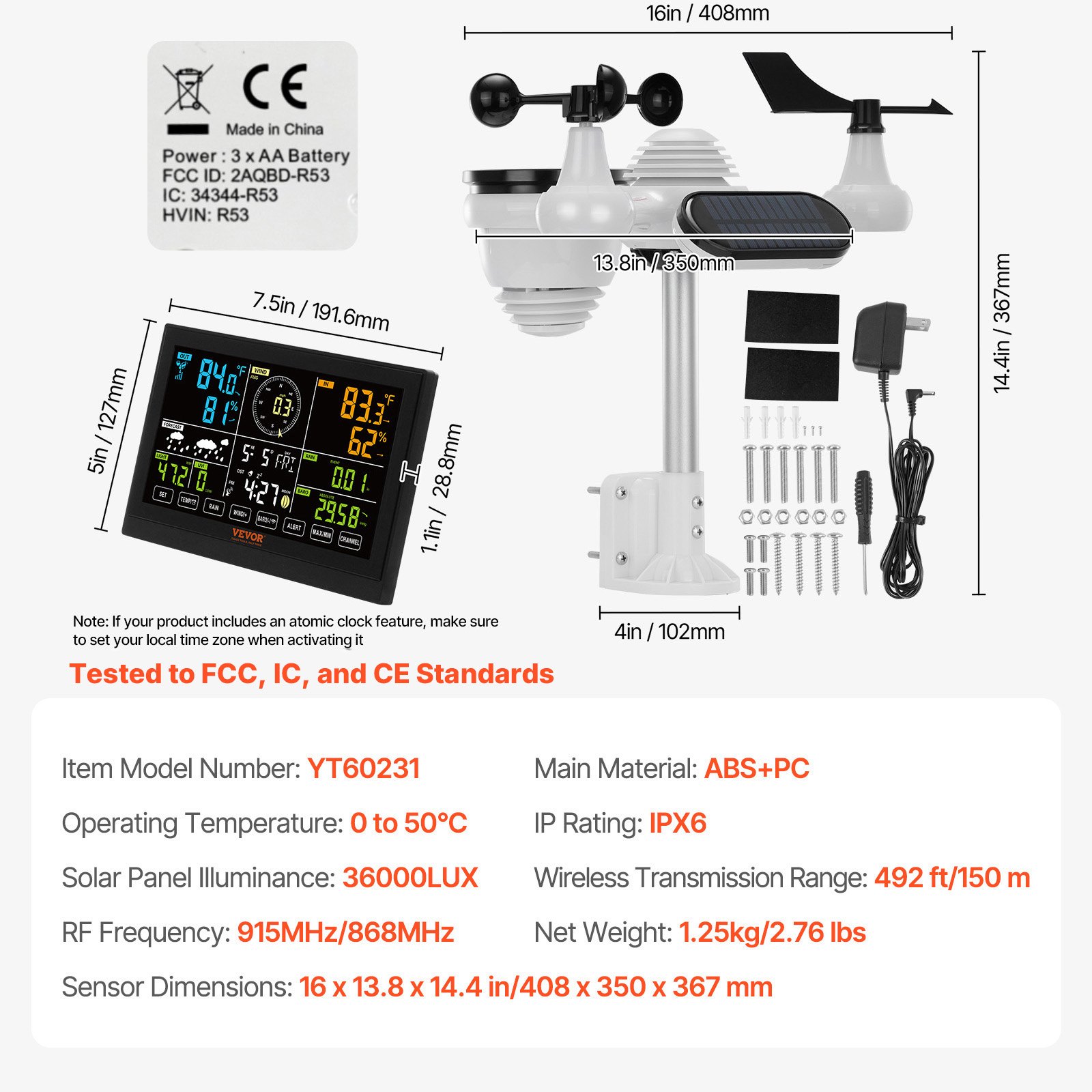 Estación meteorológica inalámbrica VEVOR 7 en 1, pantalla a color de 7,5 pulgadas, estación meteorológica digital para interiores y exteriores, con temperatura, humedad, velocidad/dirección del viento, lluvia, rayos UV, con datos de pronóstico, alarma y alertas (sin wifi).