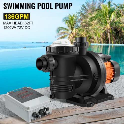 Bomba de piscina VEVOR Bomba de piscina 72V DC/1200W Bomba de agua solar 62 FT/136 GPM