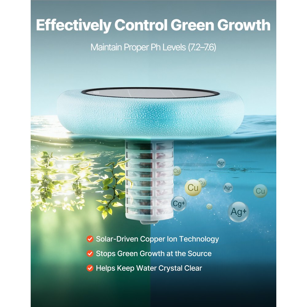 VEVOR Ionizador Solar para Piscinas hasta 170.343 L, Purificador de Agua con Ionización de Cobre Hexágono, con Ánodo de Cobre, Resorte, Cepillo para Evitar Olores Desagradables, Molestias en Piel