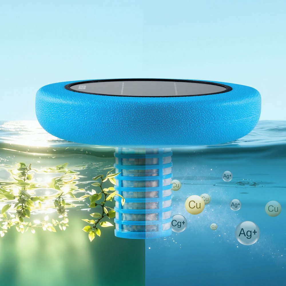 Ionizador solar para piscinas VEVOR, ionizador redondo de cobre para piscinas de hasta 45 000 galones, limpiador y purificador de agua automático flotante, agua sin cloro, con ánodo de cobre, resorte, cepillo y filtro para piscinas y spas.