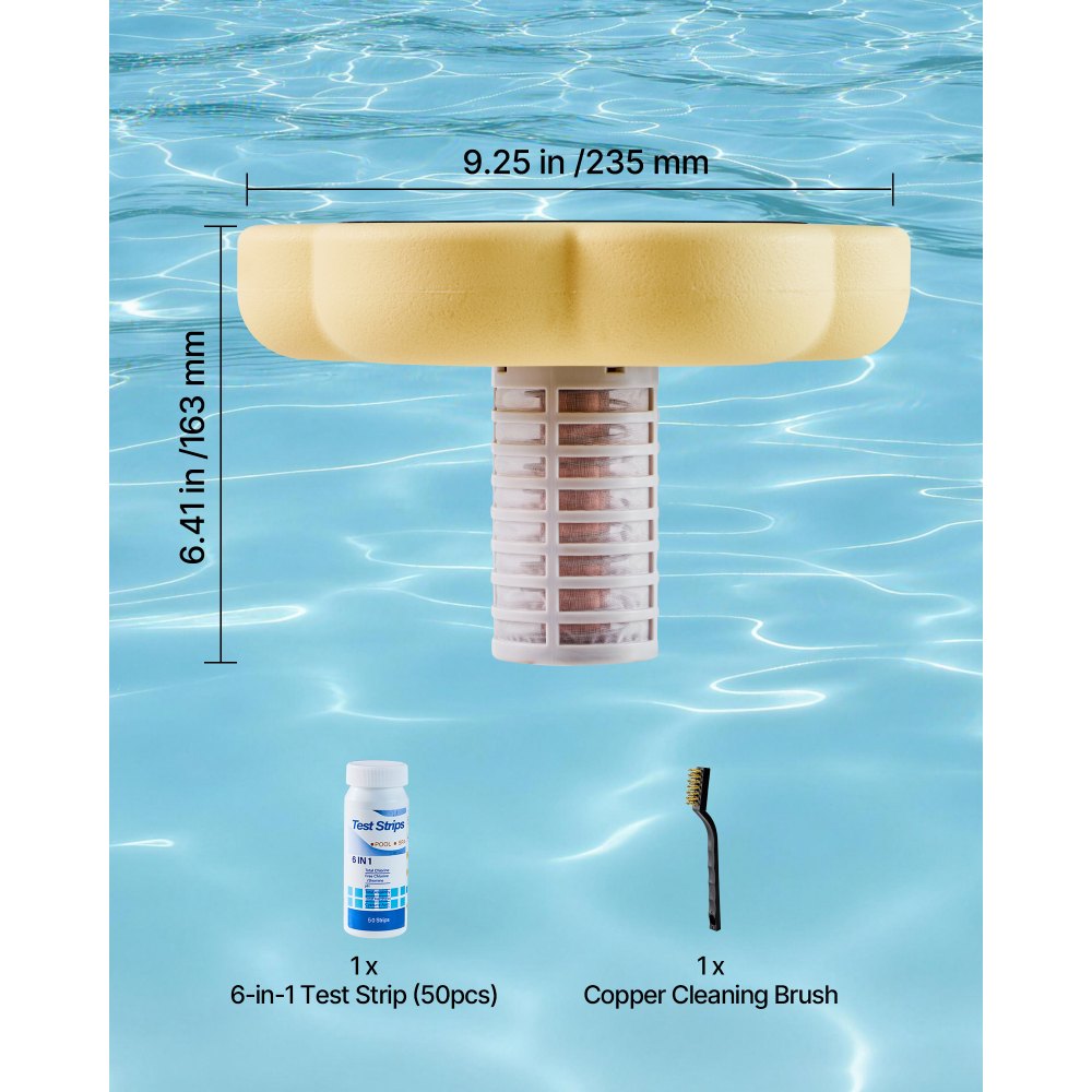 VEVOR Ionizador Solar para Piscinas hasta 170.343 L, Purificador de Agua con Ionización de Cobre con Ánodo de Cobre, Resorte, Cepillo para Evitar Olores Desagradables, en Forma de Flor, Amarillo