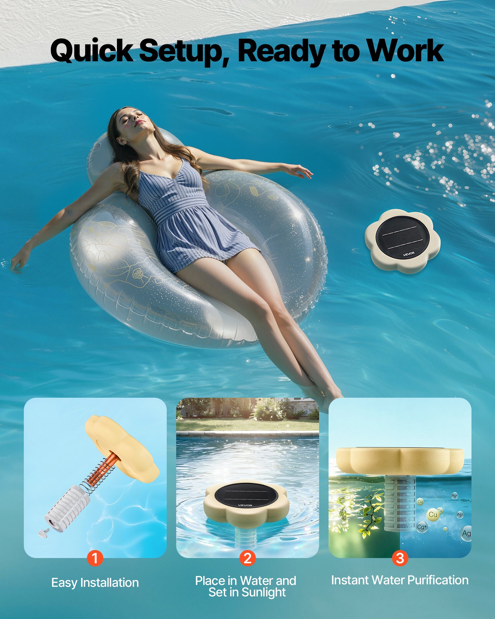VEVOR Ionizador Solar para Piscinas hasta 170.343 L, Purificador de Agua con Ionización de Cobre con Ánodo de Cobre, Resorte, Cepillo para Evitar Olores Desagradables, en Forma de Flor, Amarillo