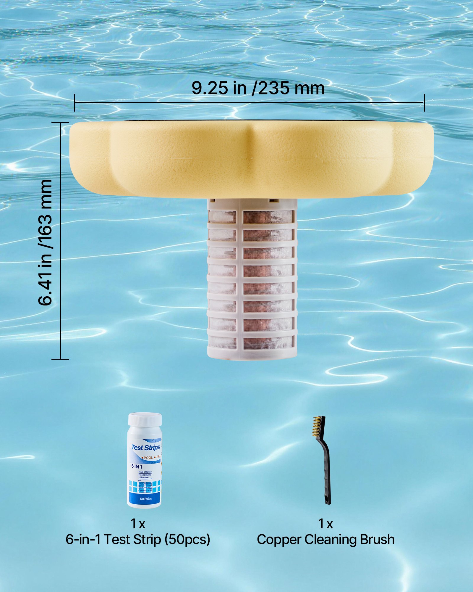 VEVOR Ionizador Solar para Piscinas hasta 170.343 L, Purificador de Agua con Ionización de Cobre con Ánodo de Cobre, Resorte, Cepillo para Evitar Olores Desagradables, en Forma de Flor, Amarillo