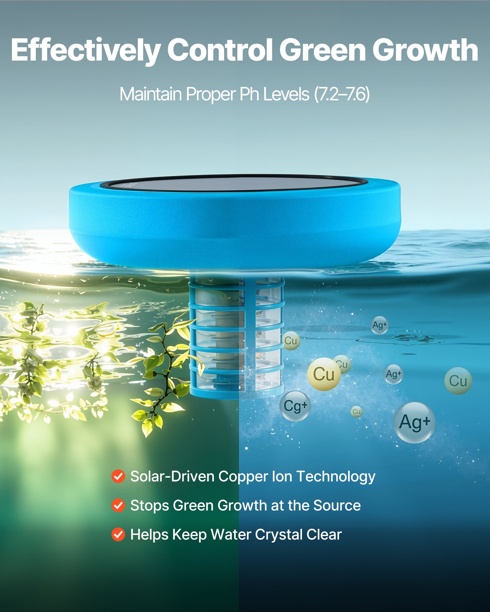 VEVOR Ionizador Solar para Piscinas hasta 132.489 L, Purificador de Agua con Ionización de Cobre 20,5 cm, con Ánodo de Cobre, Resorte, Cepillo para Evitar Olores Desagradables, Molestias en Piel