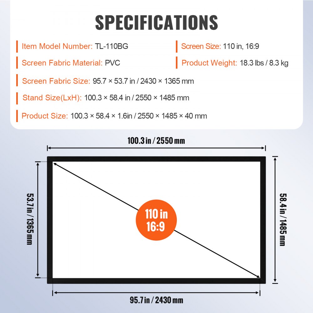 Pantalla de proyector VEVOR, 110 pulgadas, 16:9, tela de pvc, dimensiones y especificaciones.